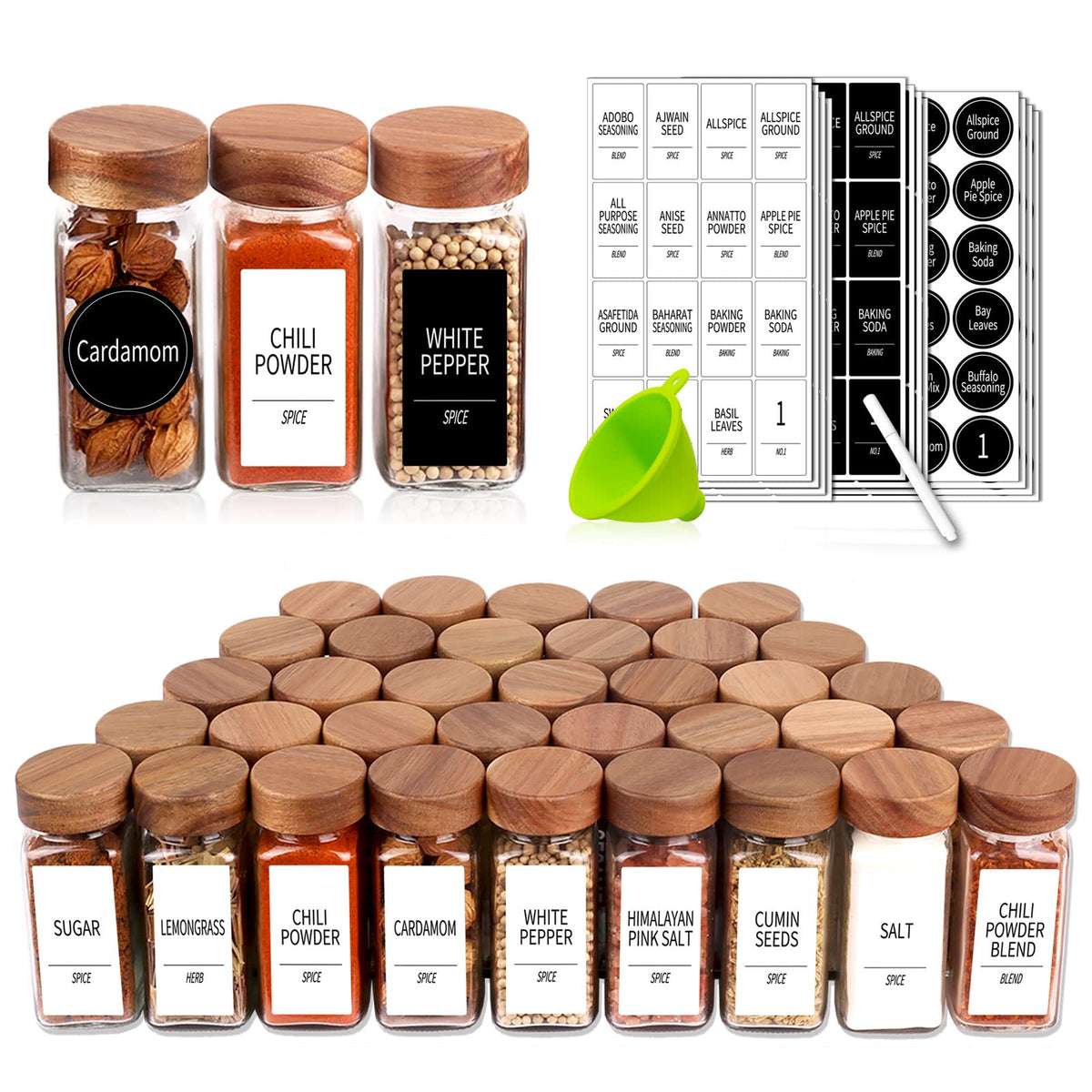Churboro 36 Glass Spice Jars With 547 Labels With Shaker Lids - 4 Oz Square Spice Containers With Acacia Wood Lids, Chalk Pen, F