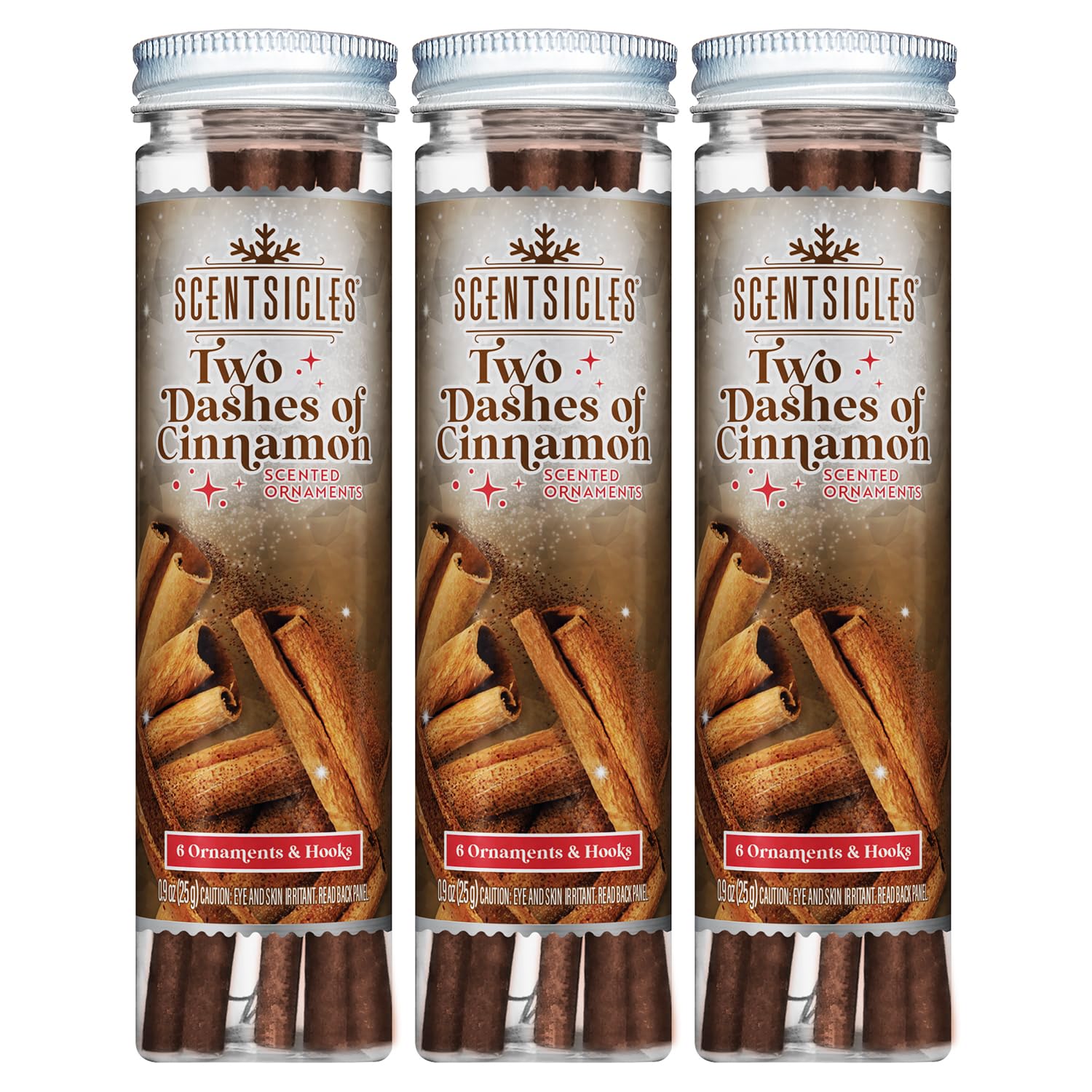 Scentsicles Two Dashes of Cinnamon Scented Christmas Ornaments with Hooks - 3 Bottles (18 Sticks Total)