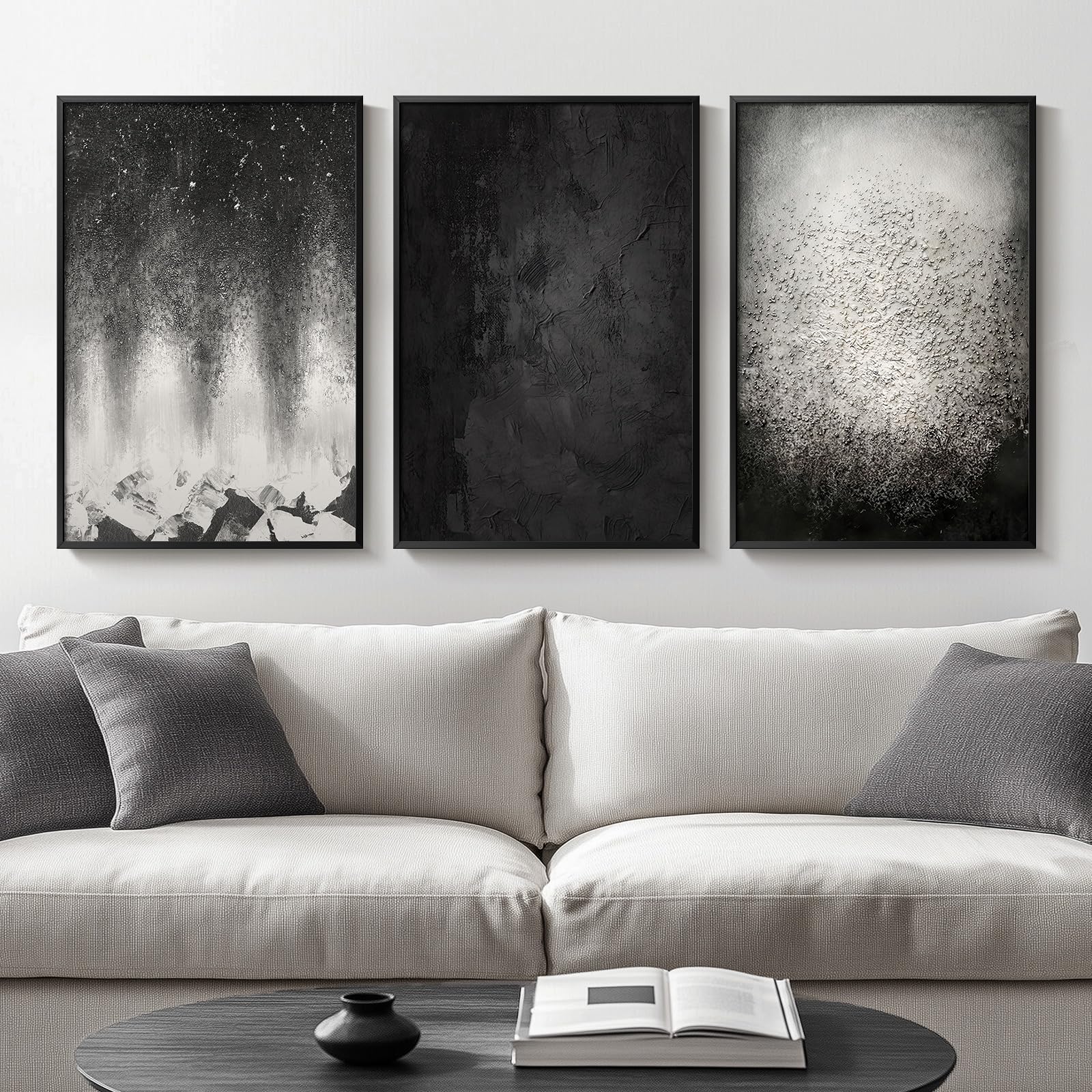 Framed Black And White Abstract Starry Night Wall Art, Set Of 3 Piece Modern Big Canvas Paintings Artwork For Walls, Minimalist