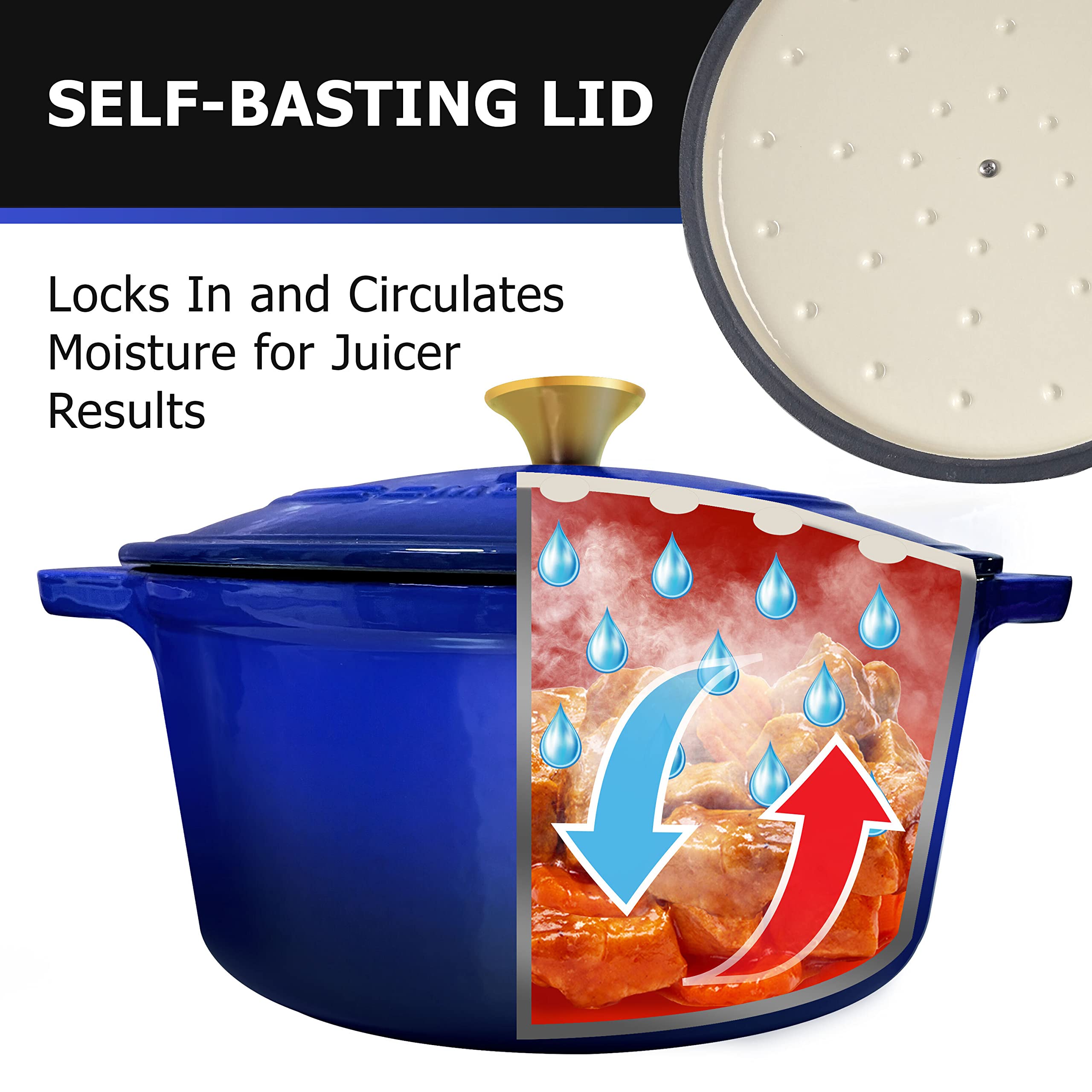 Mueller 6Qt Enameled Cast Iron Dutch Oven, Heavy-Duty Casserole And Braiser Pan With Lid And Knob, Safe For All Cooktops - Blue