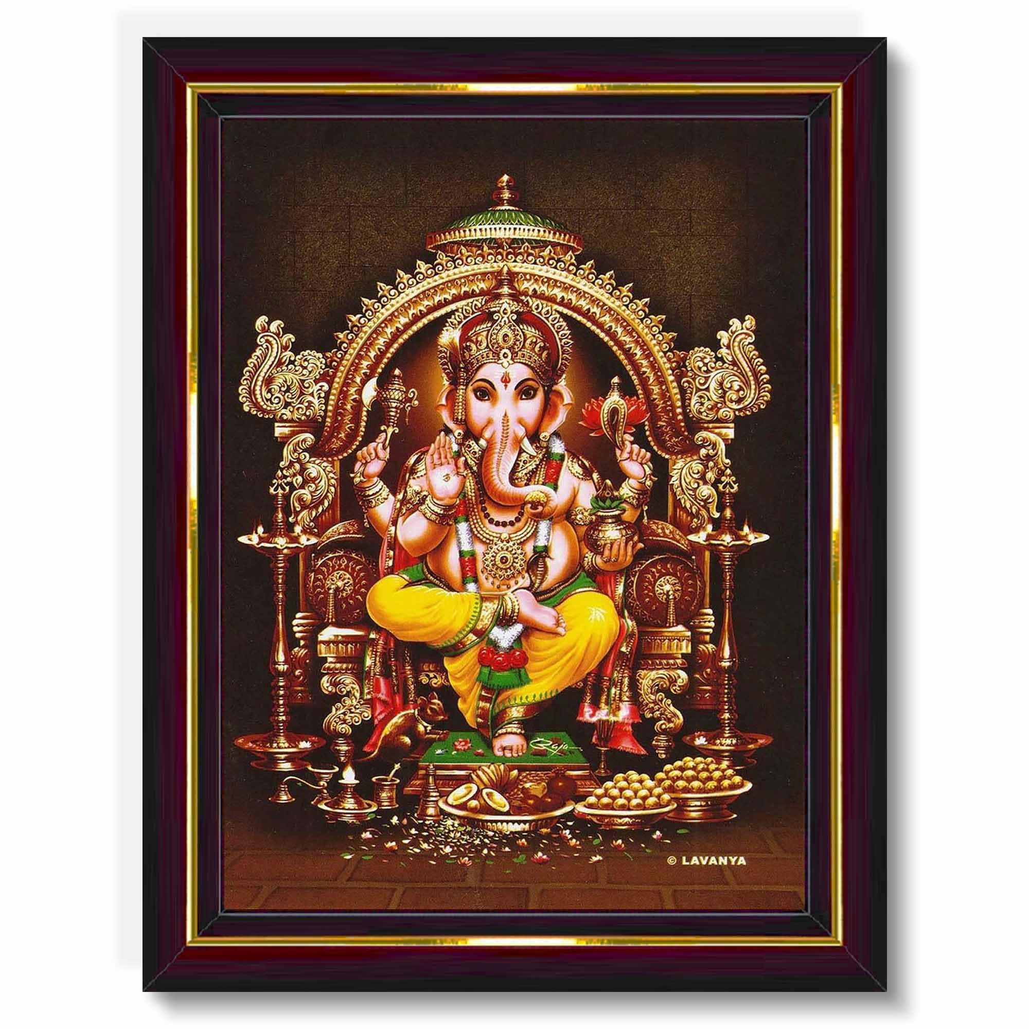 Pavan Photo Laminations Lord Ganesha Ganesh Ganpati Ganapathi Hanging Wall Painting Framed Home Decor (Wood,Matte,Brown,Small Si