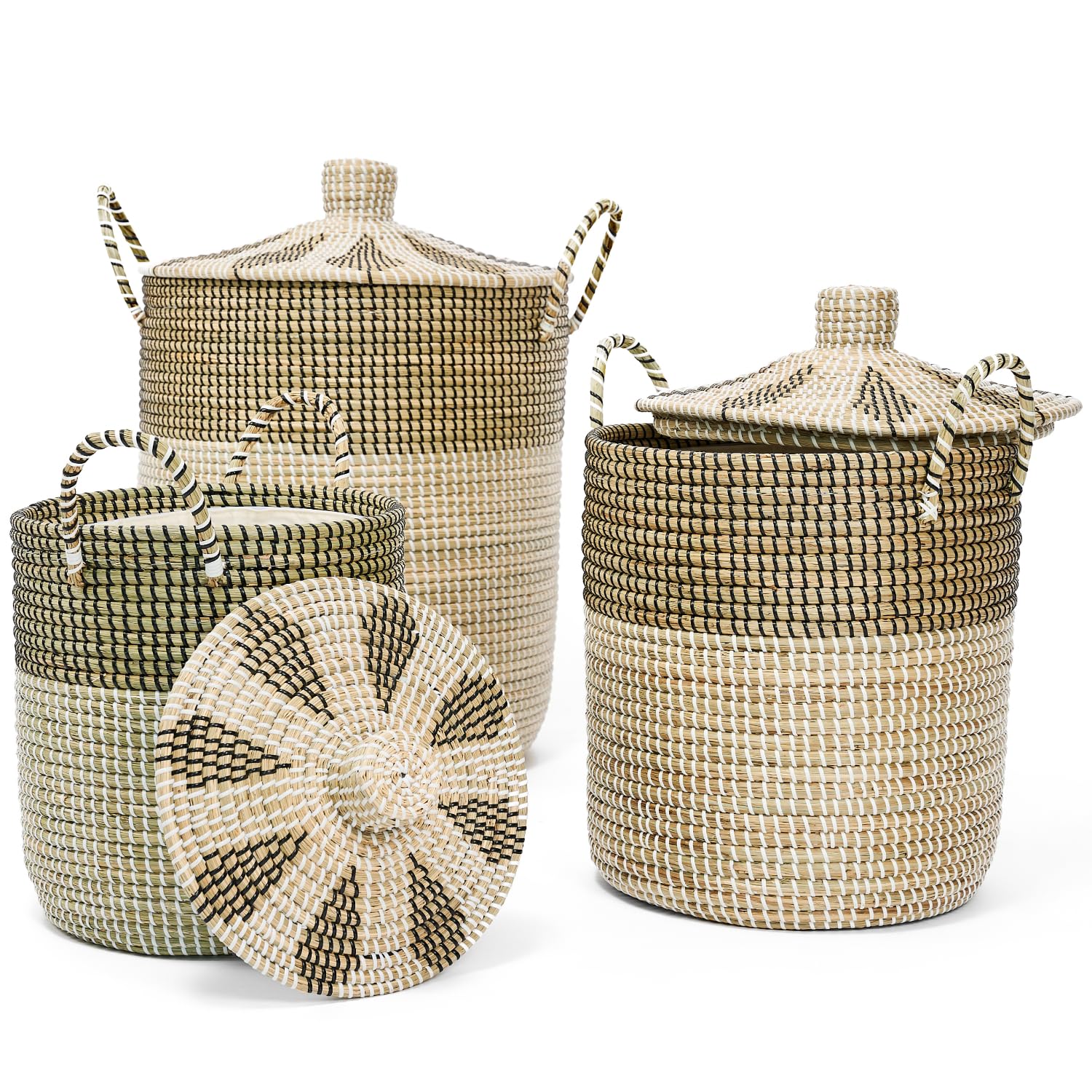 Double Gift Set Of 3 Laundry Baskets Hamper, 75L Seagrass Handwoven Storage Basket With Lid Handles, 100% Natural Vietnamese Wov