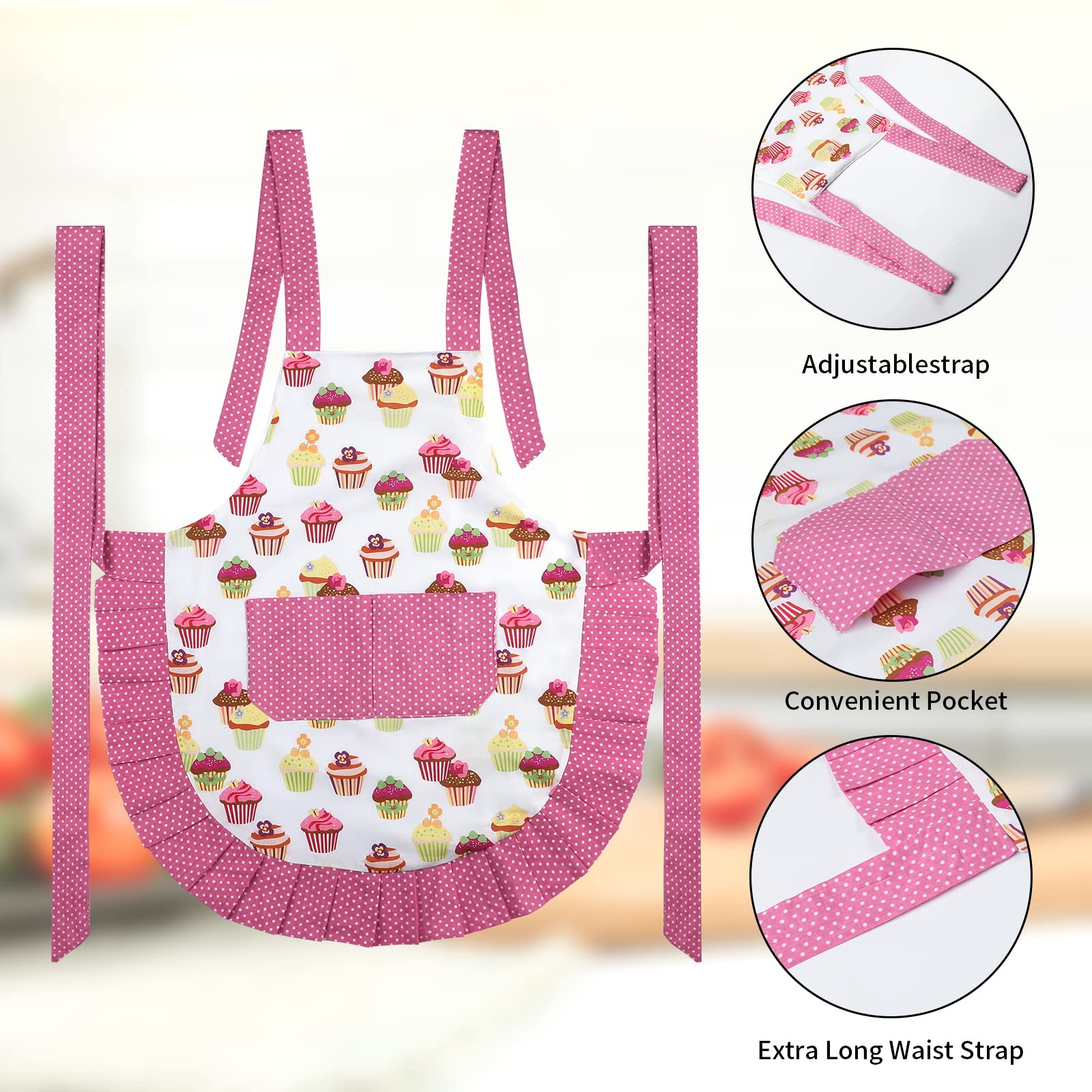G2Plus Cotton Aprons, Toddler Apron With Pocket, Cupcake Pattern Apron For Cooking, Baking, Xmas, Gardening (Pink)