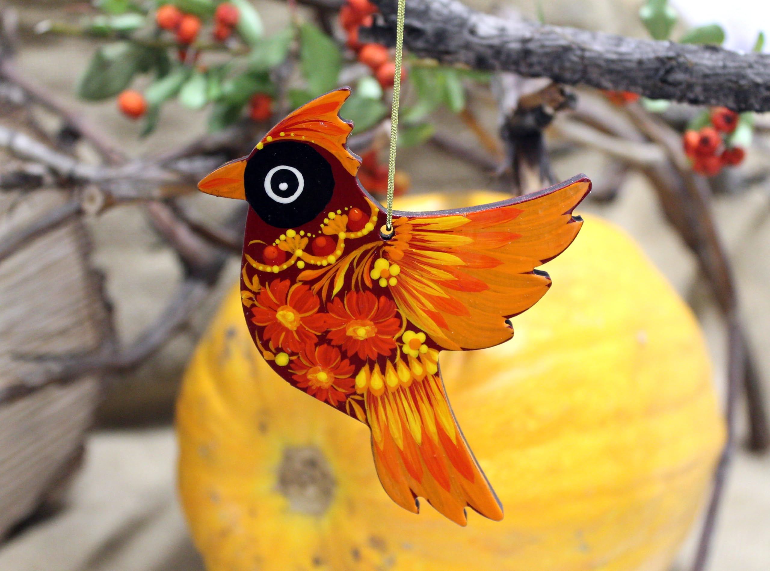 Christmas Tree Ornament Cardinal Bird Wooden Flat Hanging Cardinal Unique Decoration 3.7 x 3.5 x 0.2 inch, Floral Hand-painted i