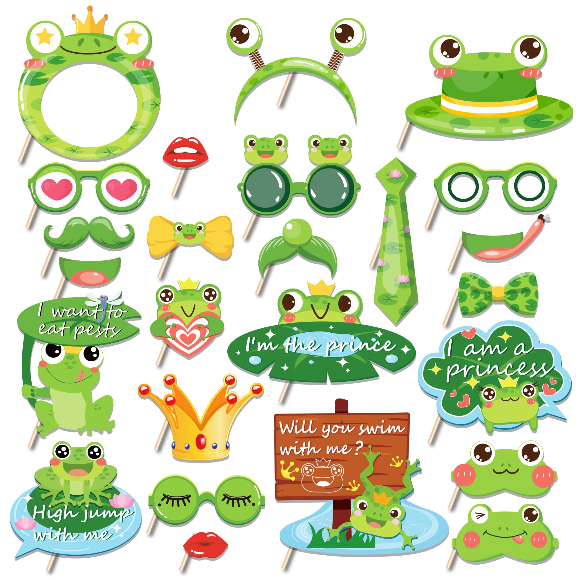 25Pcs Frog Photo Booth Props With Stick, Frog Party Decoration Supplies Princess Selfie Props Animal Party Photography Props For