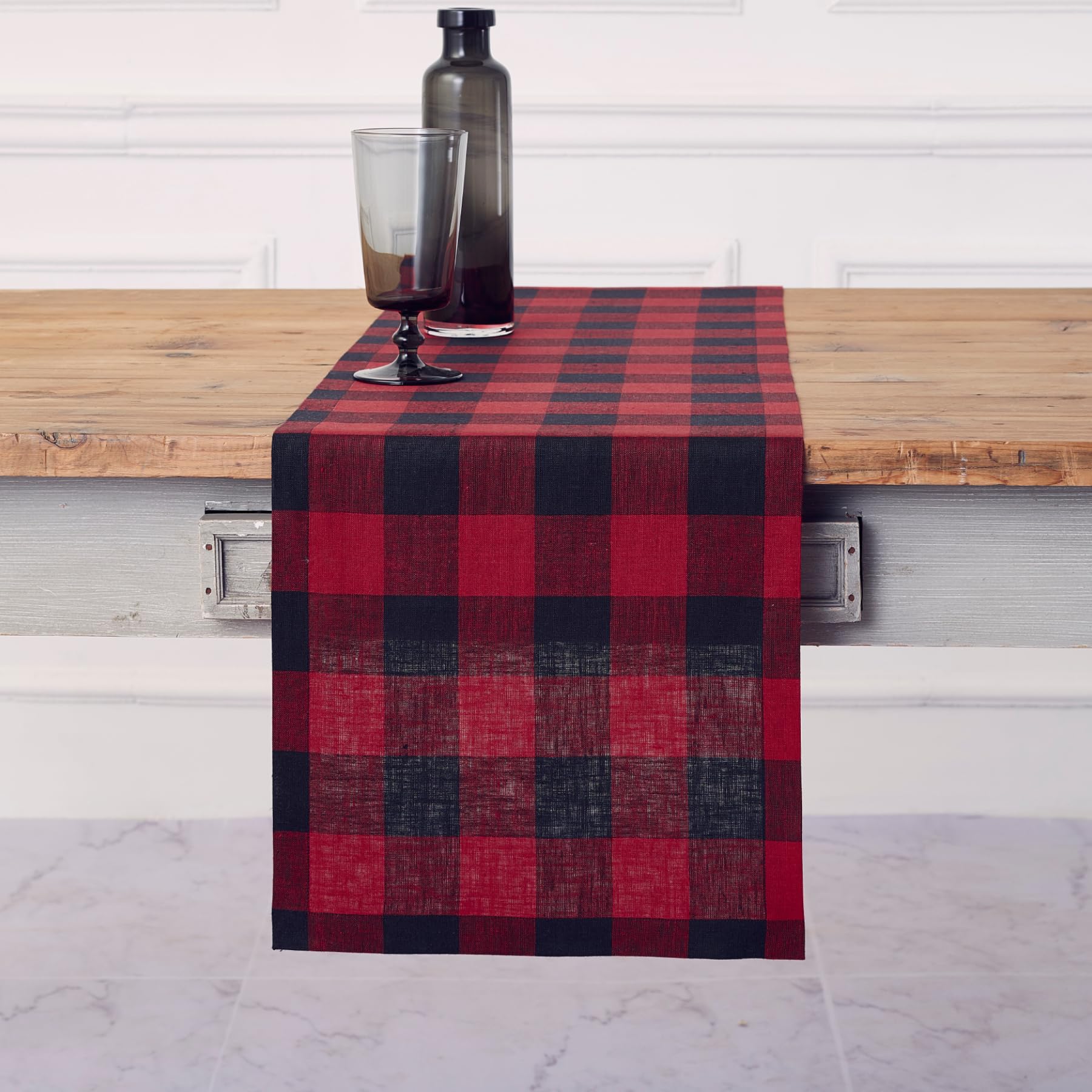 Solino Home Linen Check Table Runner 90 Inches Long - 100% Pure Linen Red And Black Buffalo Plaid Table Runner 14 X 90 Inch - Fa
