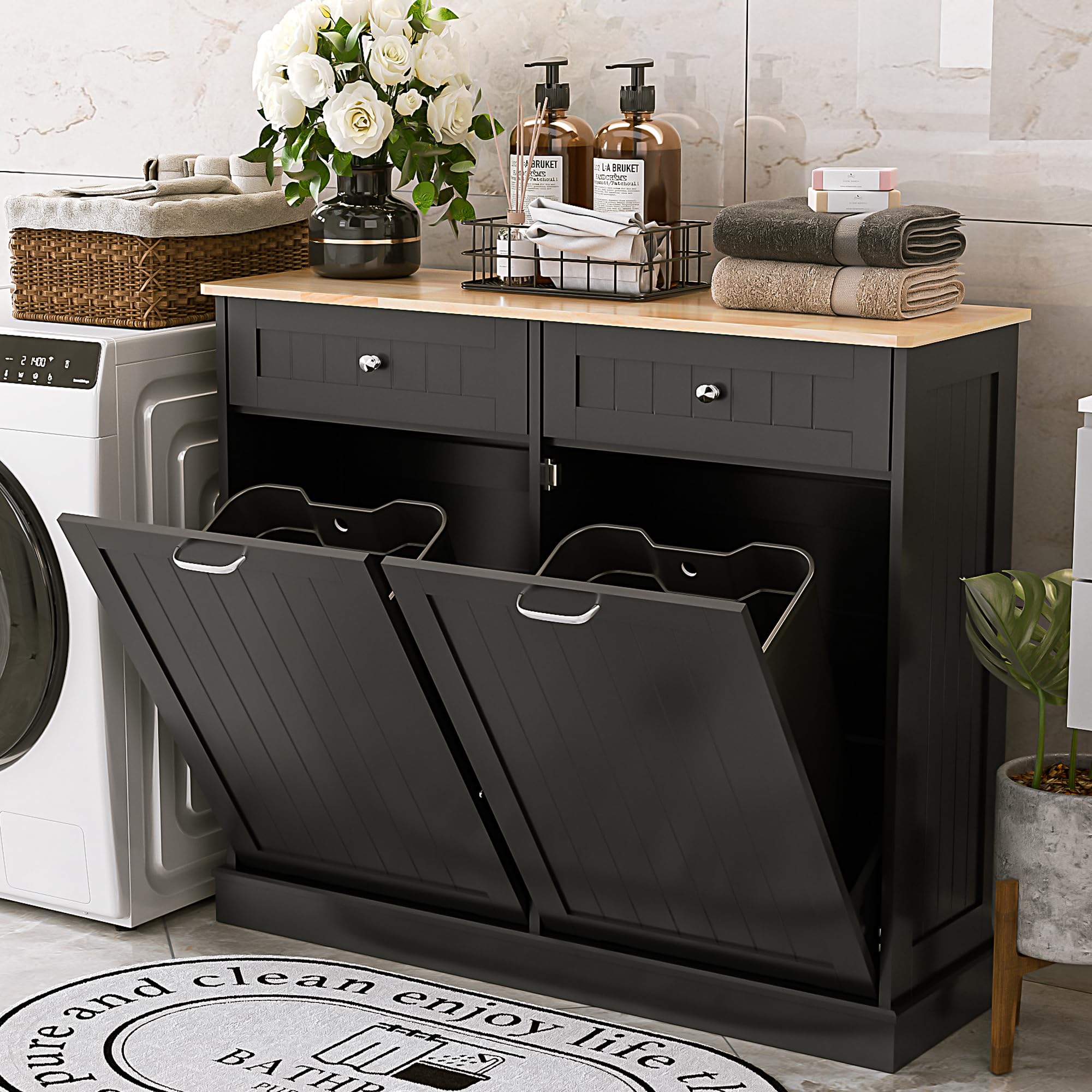 Spurgehom Double Tilt Out Trash Cabinet Kitchen Island,Laundry Hamper Pull Out Trash Can Cabinet 2X13 Gallon Freestanding Pet Pr