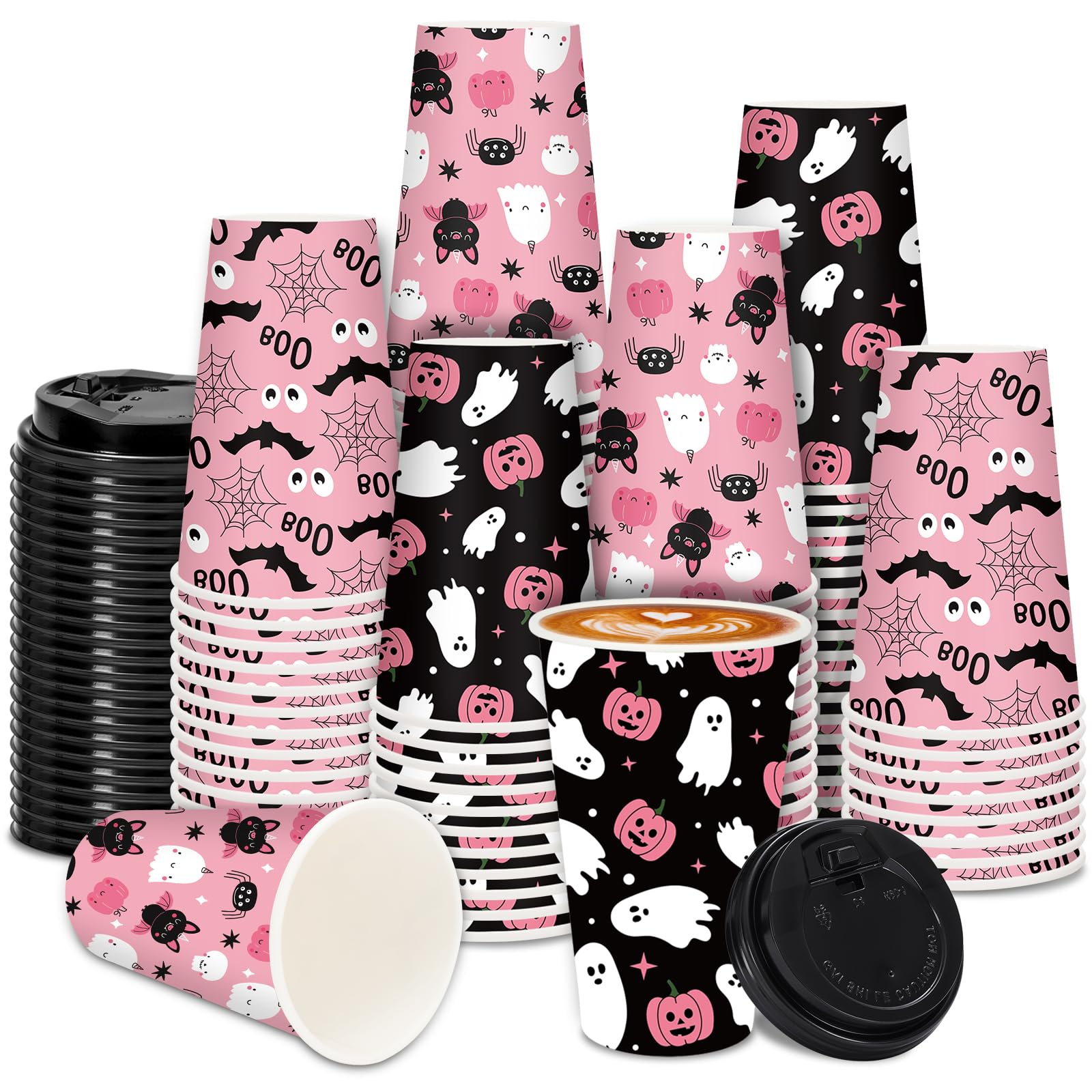 JarThenaAMCS 72 Set Halloween Disposable Coffee Cups with Lids 12Oz Cute Boo Ghost Pumpkin Bat Paper Drinking Cups for Party Cof
