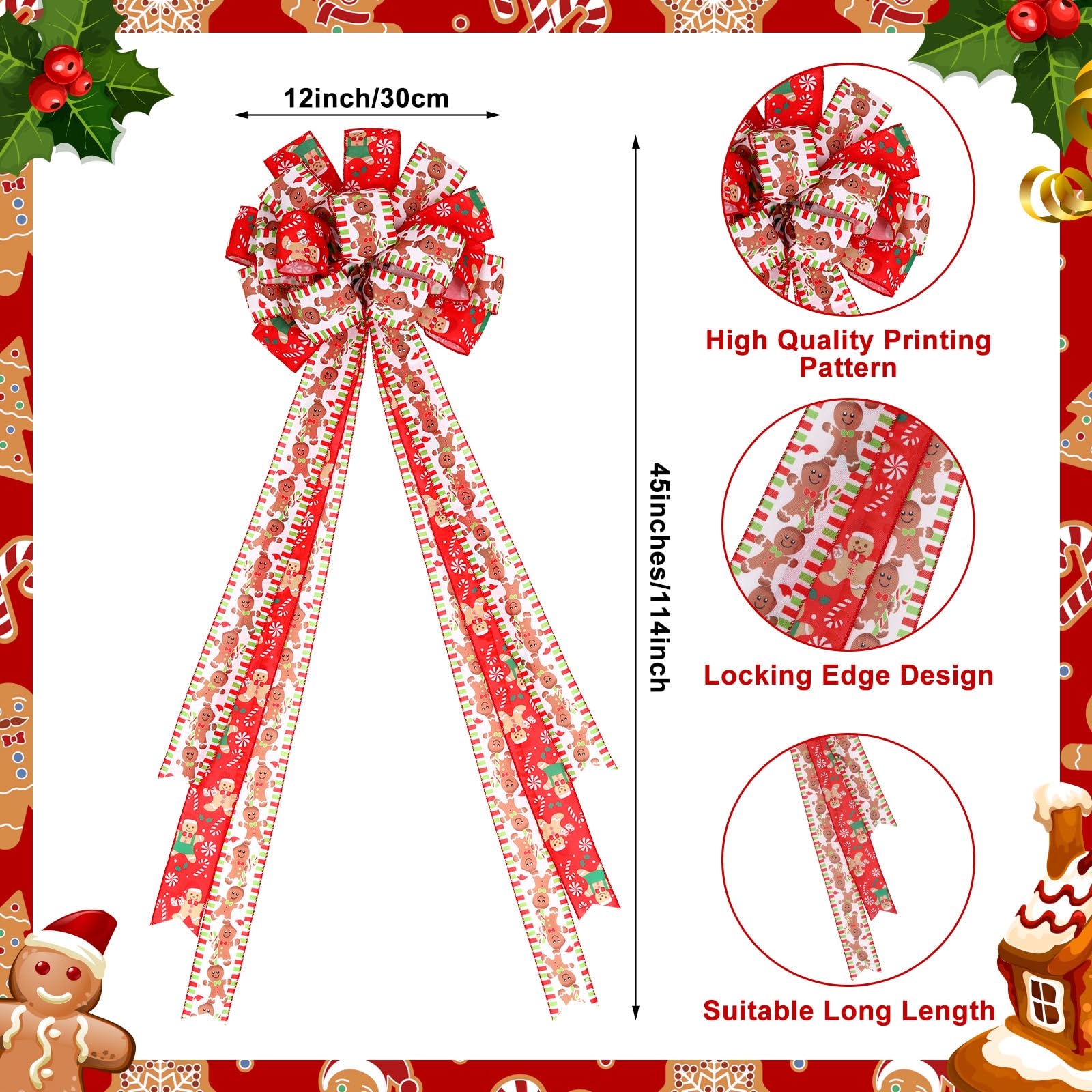 Realspring Gingerbread Christmas Tree Topper Bow 45x12 Large Gingerbread Christmas Decorations Ribbon Bow Gift for Xmas Wreath O