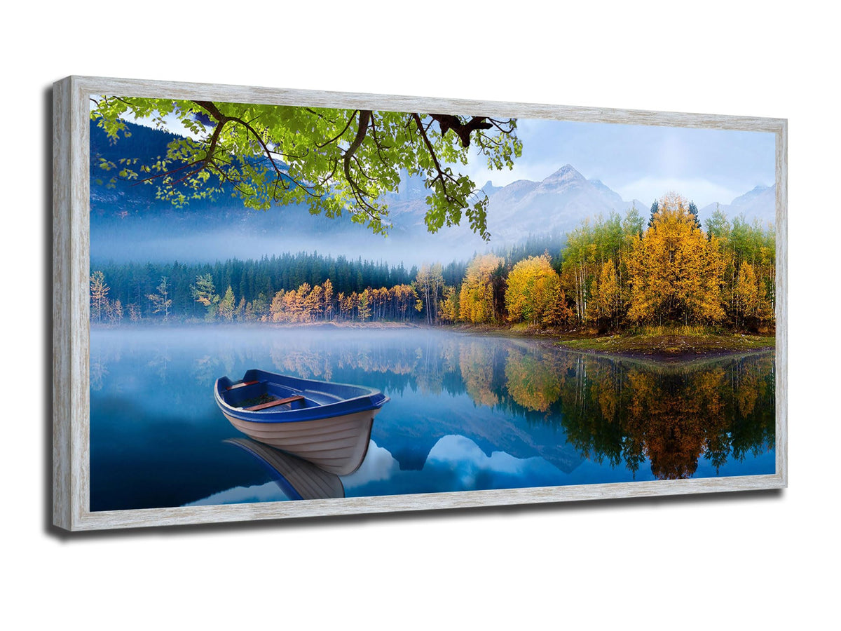 Arjun Lake Canvas Wall Art Blue Mountain Sky Nature Landscape Boat Picture Artwork Modern Scenic Painting For Living Room Bedroo