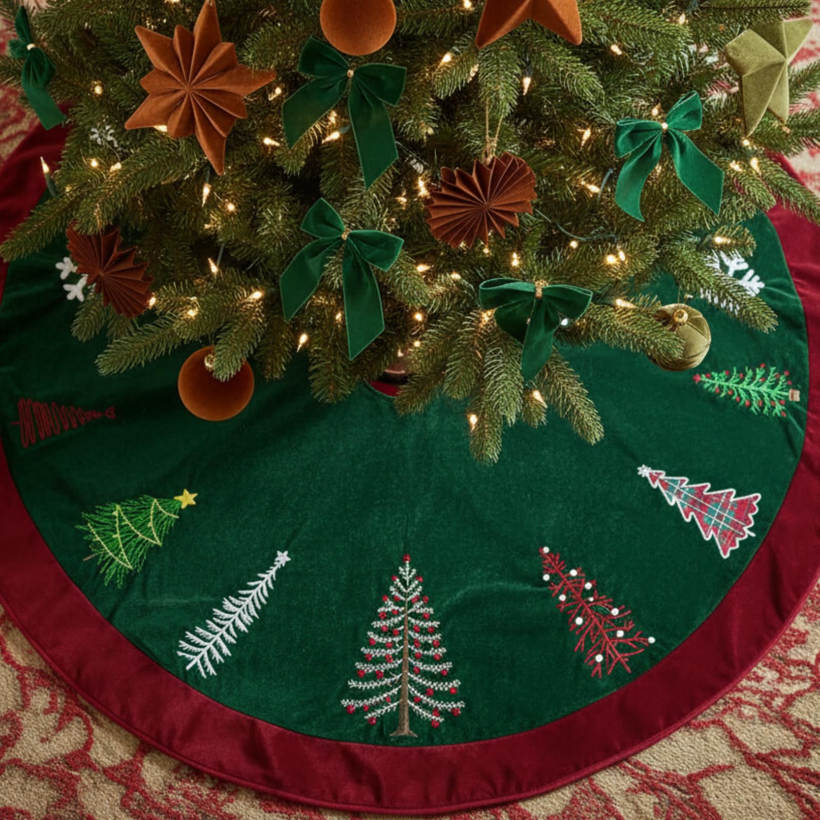Soulchen 60 Inch Velvet Christmas Tree Skirt Dark Red and Green Large Plush Fur Skirt with Xmas Pine Tree Snowflake Embroidered 