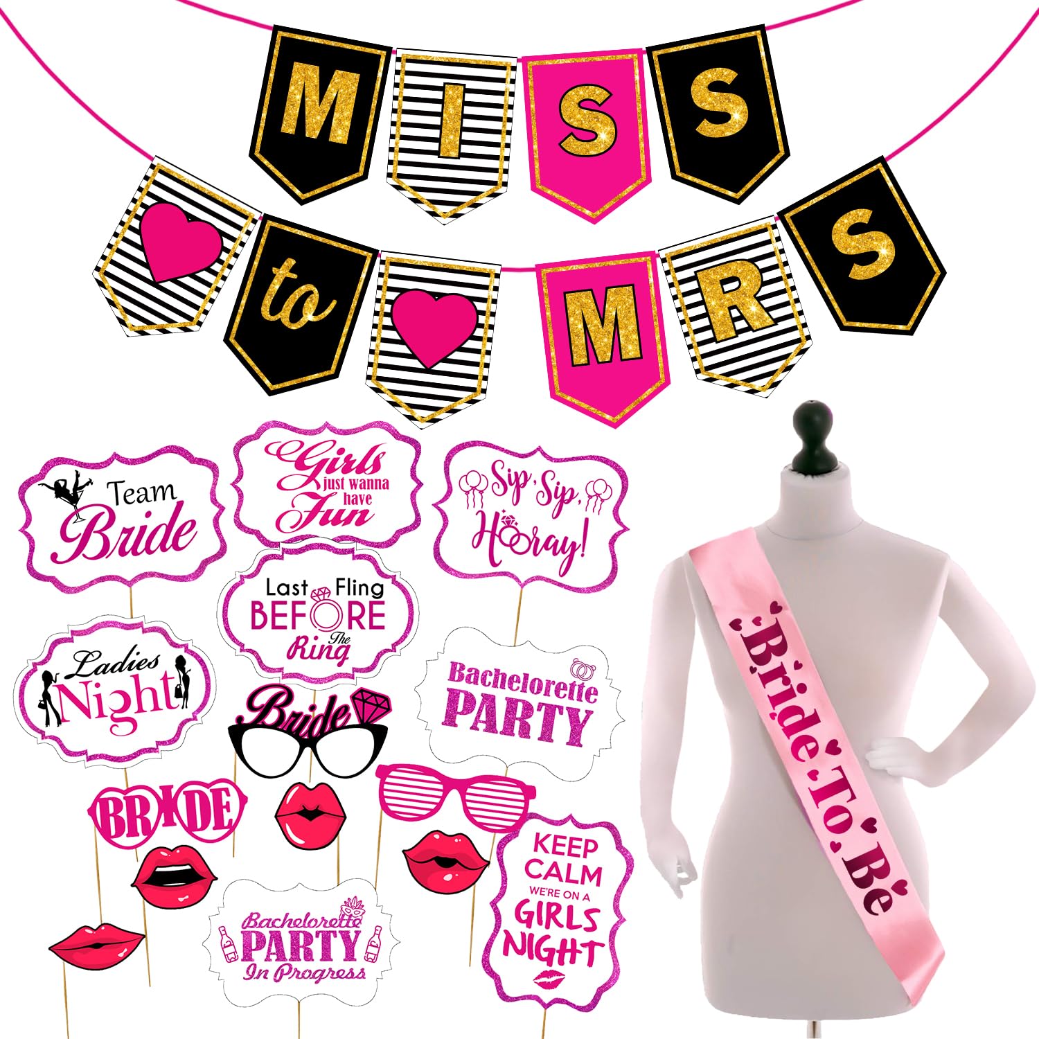 Zyozique Bachelorette Party Decorations Kit , Ultimate Bridal Shower Supplies Pack, Bride to Be Package. Paper Banner, Photo Boo