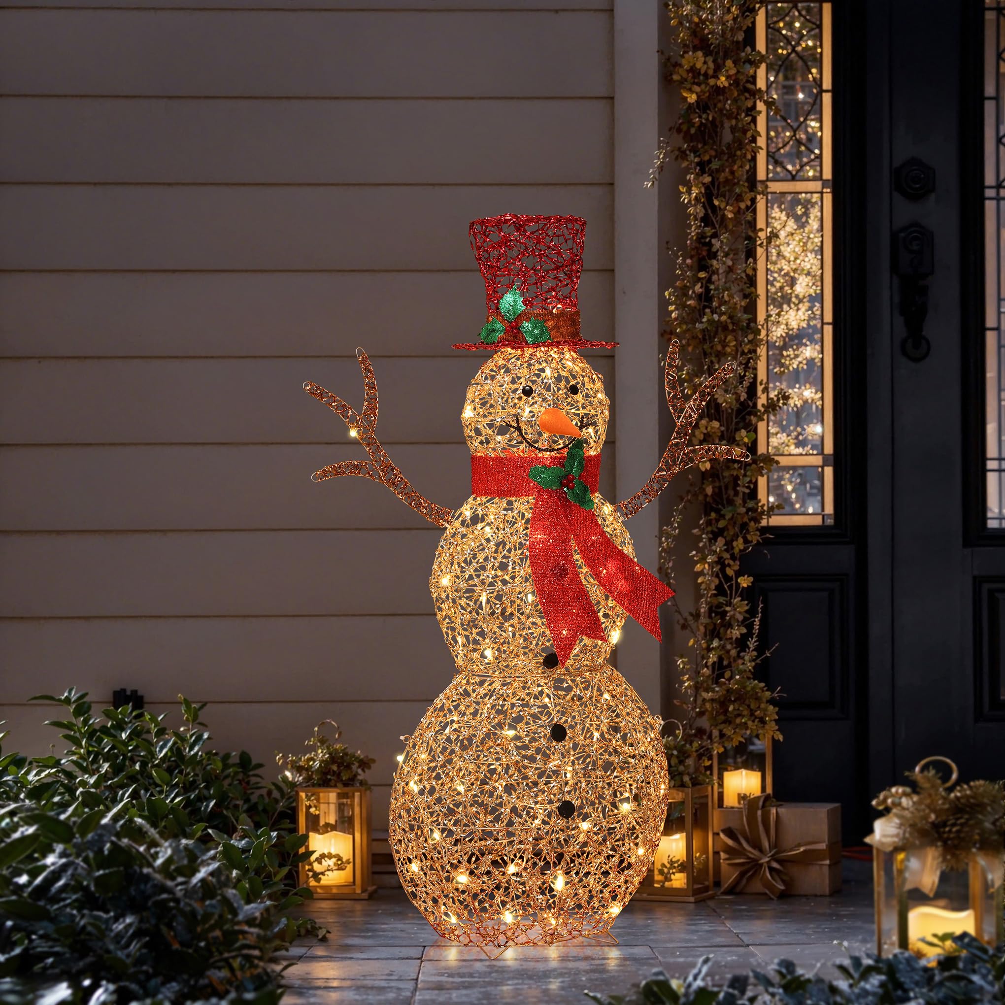 LuxenHome 4FT Lighted Snowman Outdoor Christmas Decorations, Gold Light Up Snowman Christmas Decor with 70 LED Light, Red Scarf 