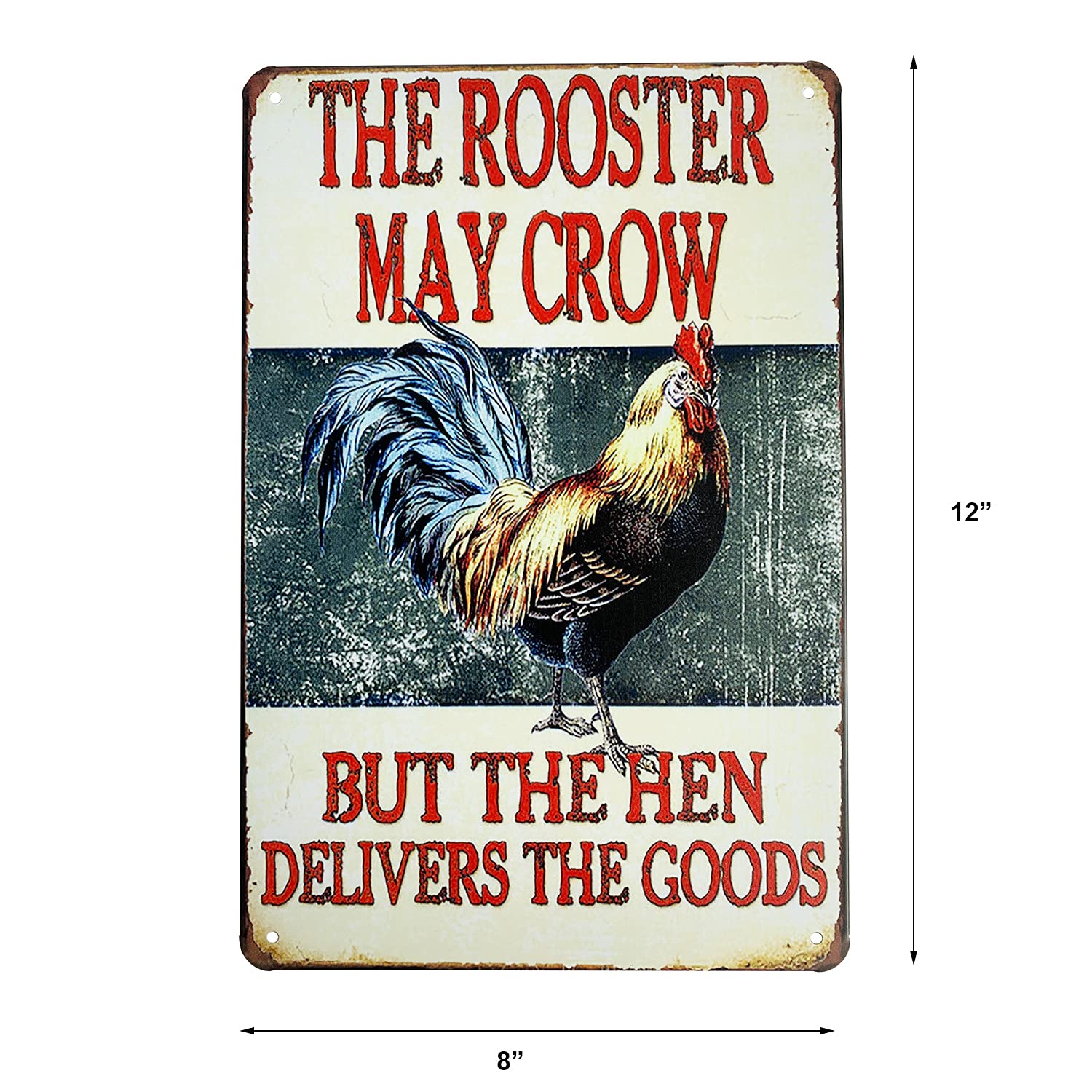 Grace Home Rustic Metal Retro Tin Plaque The Rooster May Crow But The Hen Delivers The Goods Wall Decor Funny Retro Poster Tin S