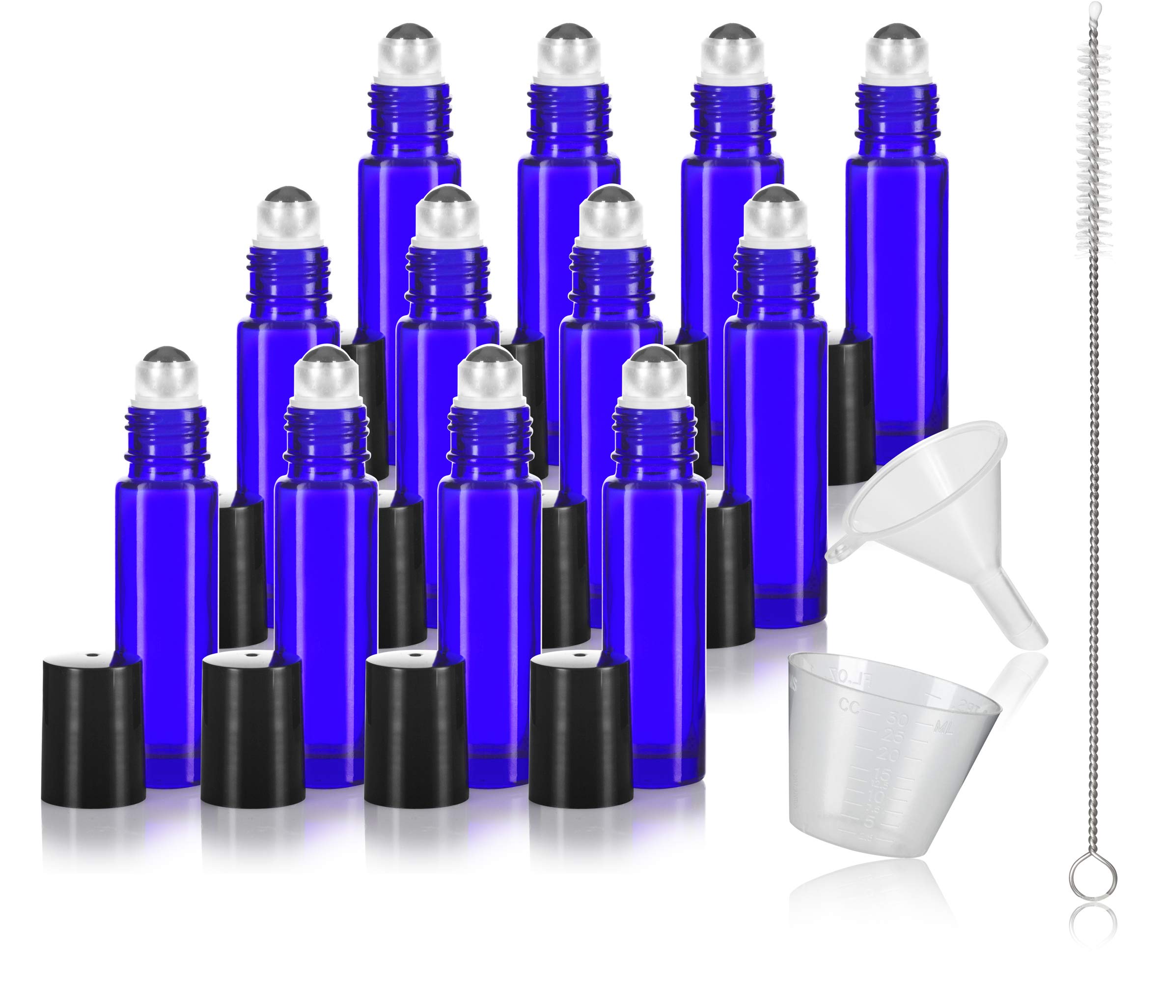 JUVITUS (12 Pack) 10ml RollOn Cobalt Blue Glass Bottle with Stainless Steel Applicator Balls and Caps Funnel Measuring Cup and 