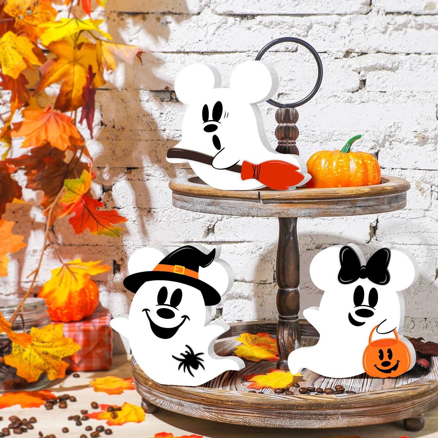 Halloween Mouse Shaped Cute Ghost Table Decor, 3 Pcs White Ghost Wooden Signs, Witch Pumpkin Spider Wood Centerpiece Tabletop Or