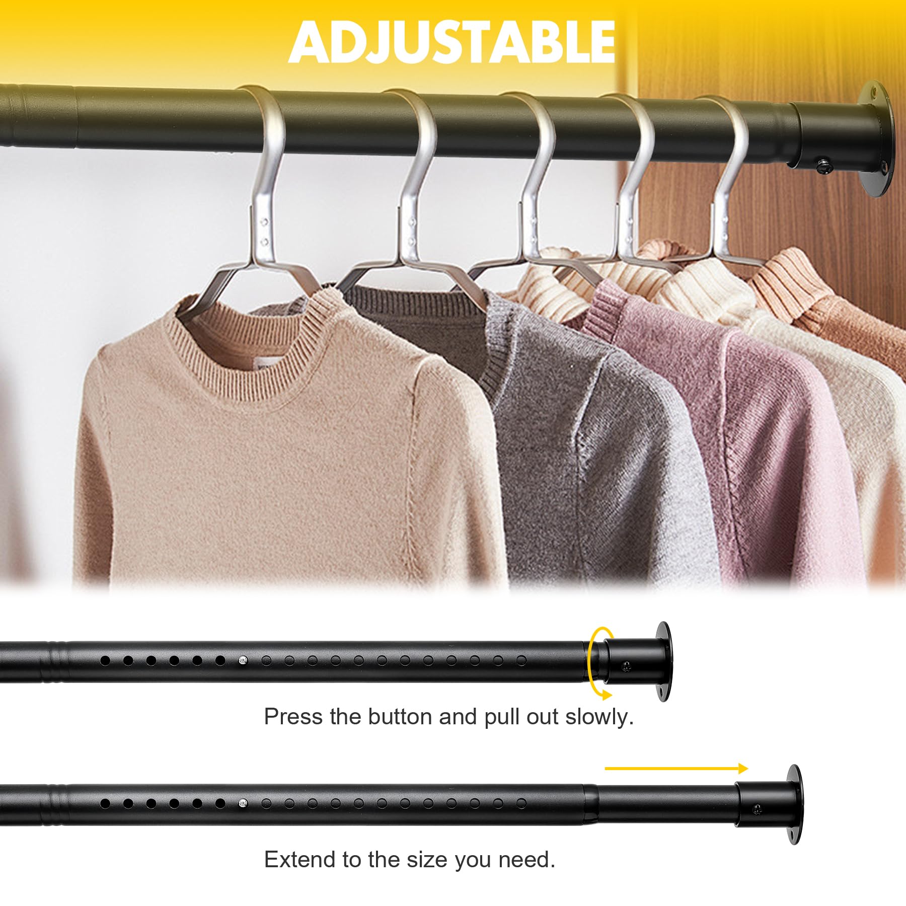 Closet Rods For Hanging Clothes, 17 To 96 Inch Adjustable Closet Rod Heavy Duty Closet Hanging Rod Metal Closet Garment Organize
