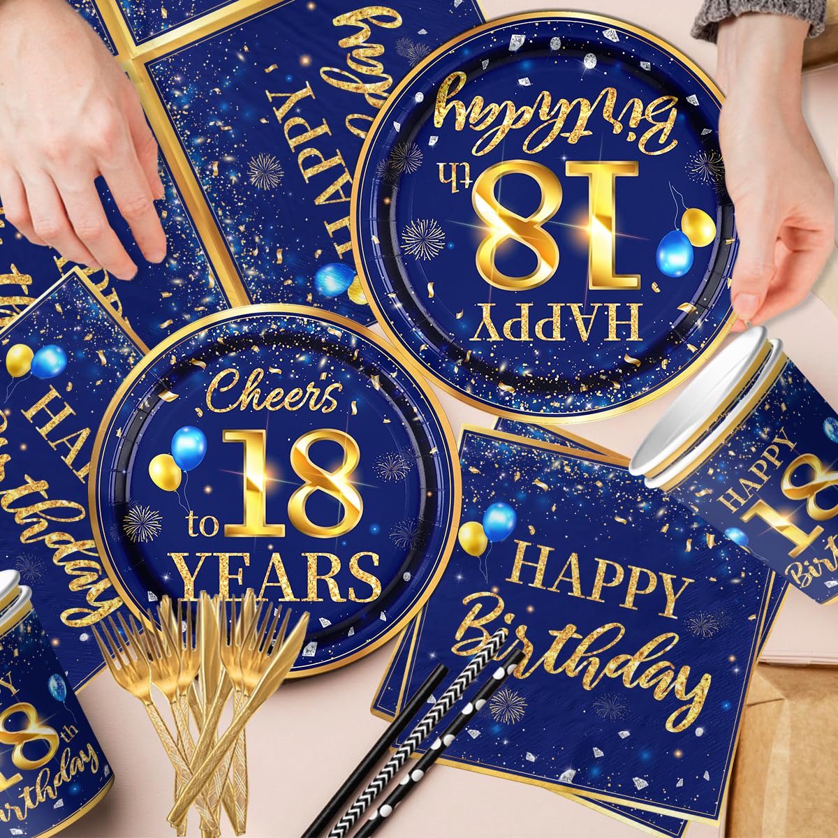 18Th Birthday Decoration Men-142Pcs Navy Blue And Gold Birthday Tableware Set(Serve For 20) Include Happy 18Th Birthday Banner P
