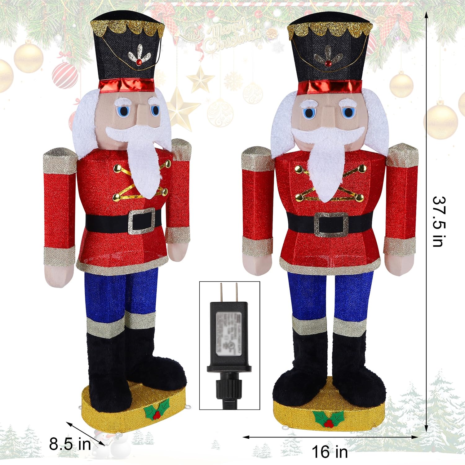 Hausse Lighted Christmas Outdoor Decor, 37.5  Height Pre-Lit 3D Tinsel Xmas Nutcracker Soldier Figure, Light Up Xmas Yard Displa