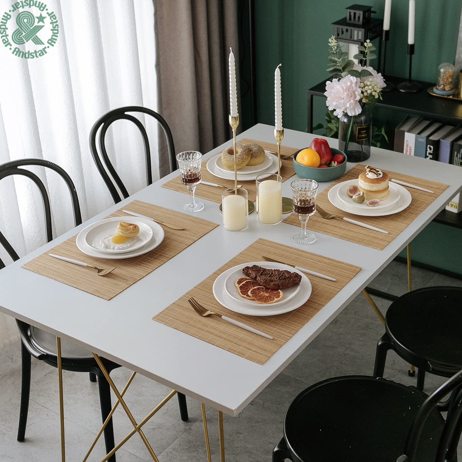 Andstar Set Of 8 Pcs Bamboo Placemats Sushi Rolling Mat Japanese Style Natural Anti-Slip, Washable Heat-Resistant Table Mats For