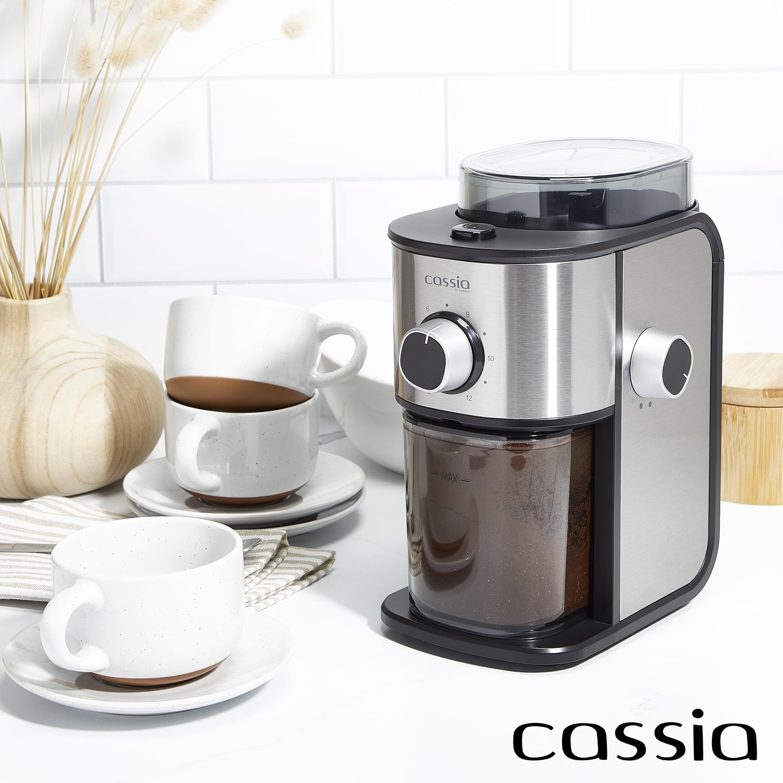 Cassia Electric Stainless Steel Burr Coffee Grinder - 150W, 14 Settings For Precision Grinding, 2-12 Cups Adjustable Quantity Se