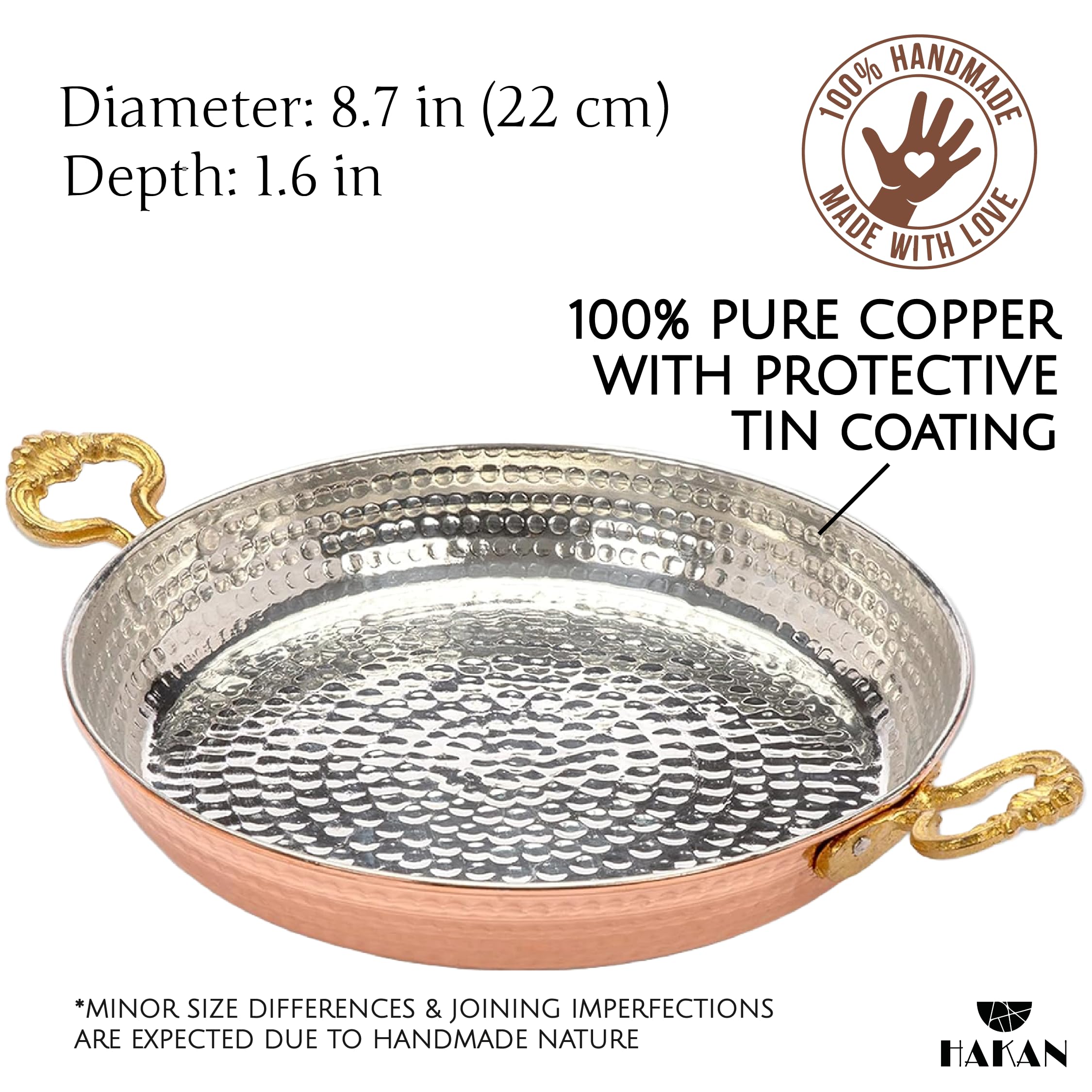 Hakan Copper Round Chef Pan | Traditional Ottoman Style Handmade Copper Frying Pan | Authentic Design Copper Cookware | Hand-Cra
