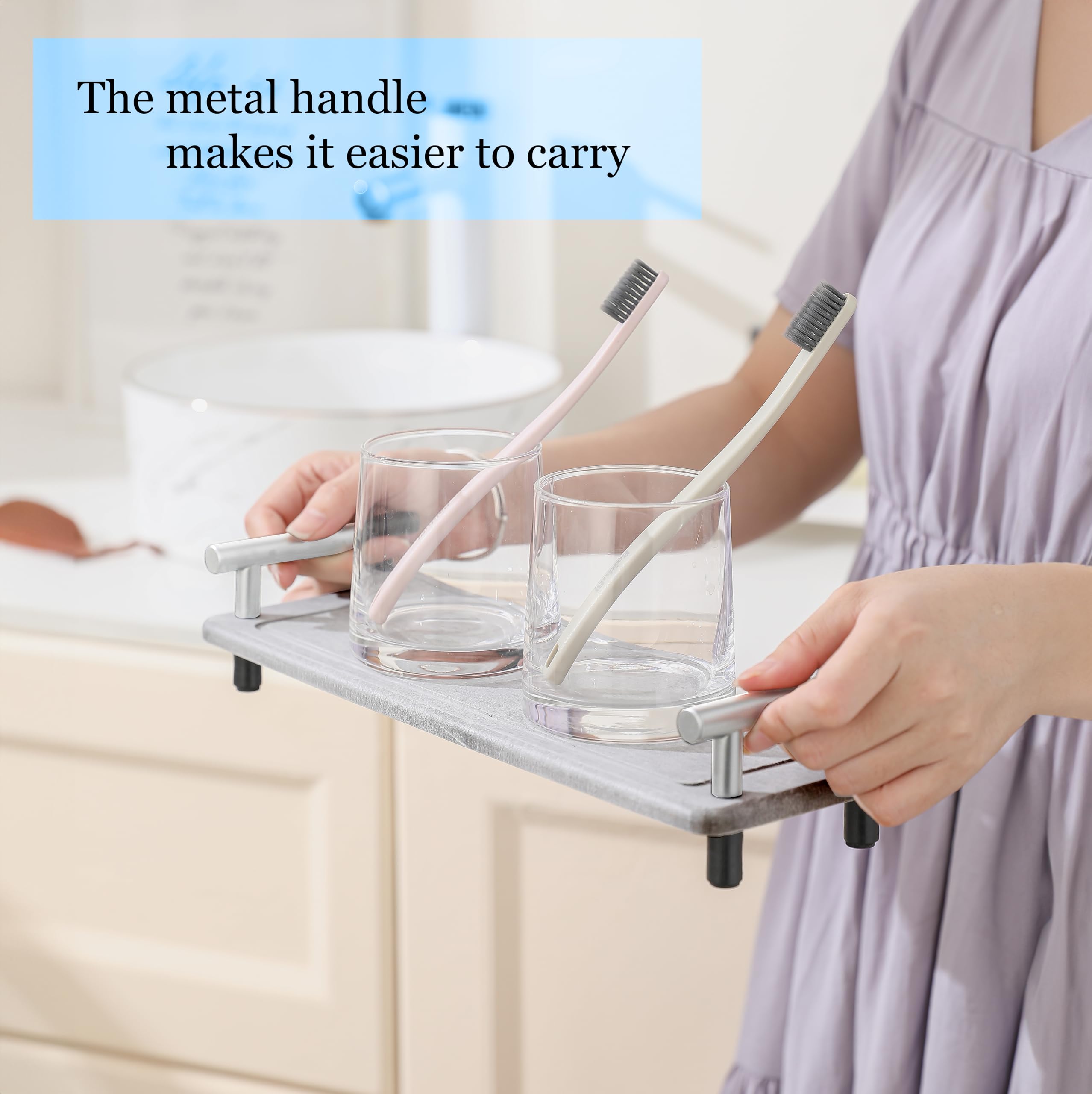 Blissju 2Pcs Instant Dry Sink Caddy, Water Absorbent Diatomite Tray For Sink, Stone Drying Tray With Metal Handle, Keeping Kitch