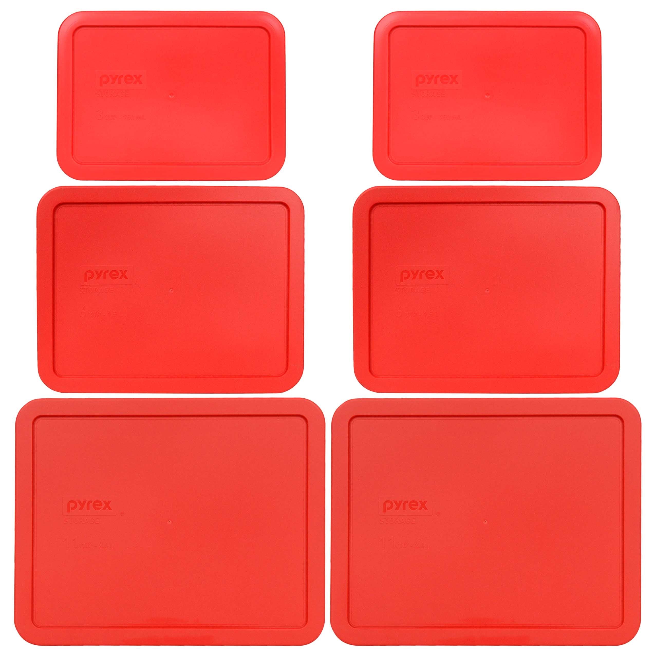Pyrex (2) 7212-PC 11-Cup, (2) 7211-PC 6-Cup, & (2) 7210-PC 3-Cup Red Plastic Storage Lids, Made in USA