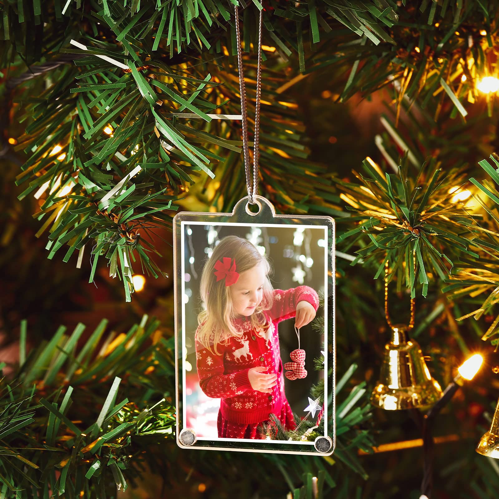 Weysat 8 Pcs Christmas Photo Ornaments Small Hanging Picture Frame Ornaments Wallet Size Picture Frames for Christmas Tree Decor