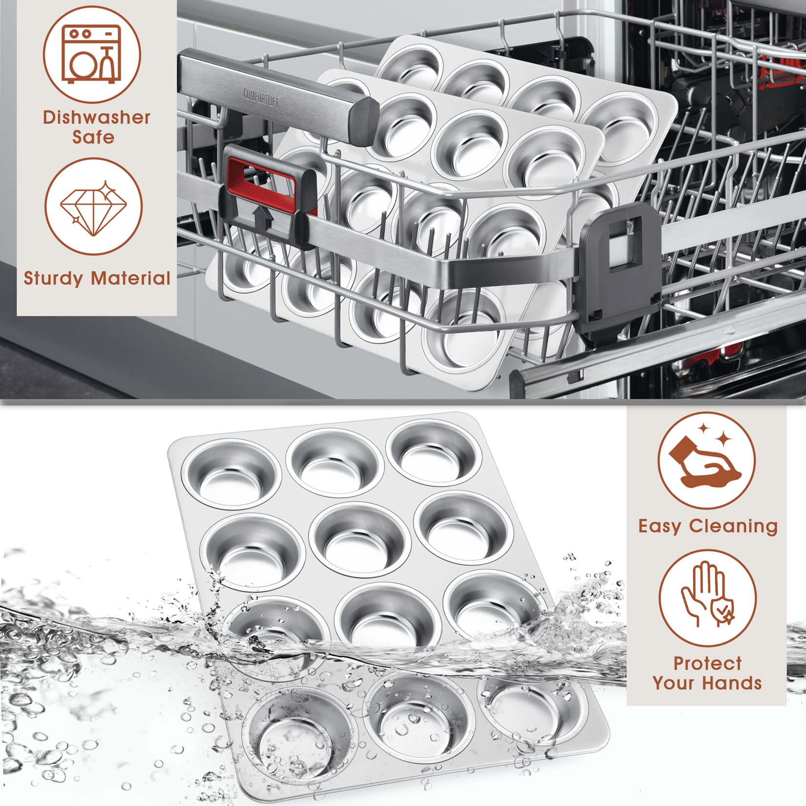 P&P Chef Muffin Pan Cupcake Baking Pan Set Of 2, 12 Cups Muffin Tin Tray, Stainless Steel Muffin Pans For Baking Mini Cake Muffi