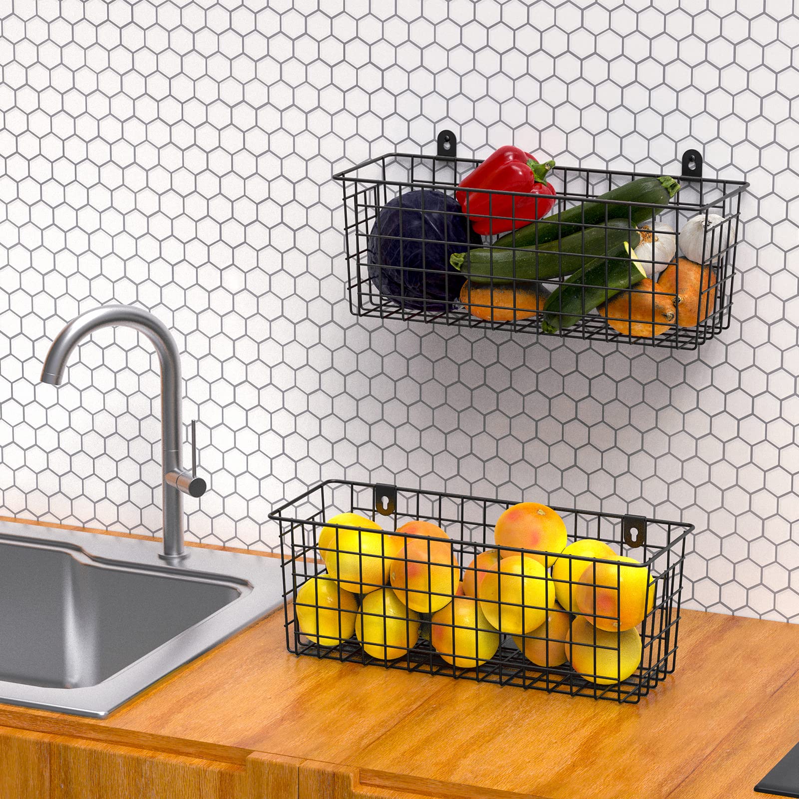 Marafansie [Extra Large] Wire Basket 2-Pack Hanging Wall Organizer Cabinet Storage Basket Wall Mounted Shelves Rustic Farmhouse