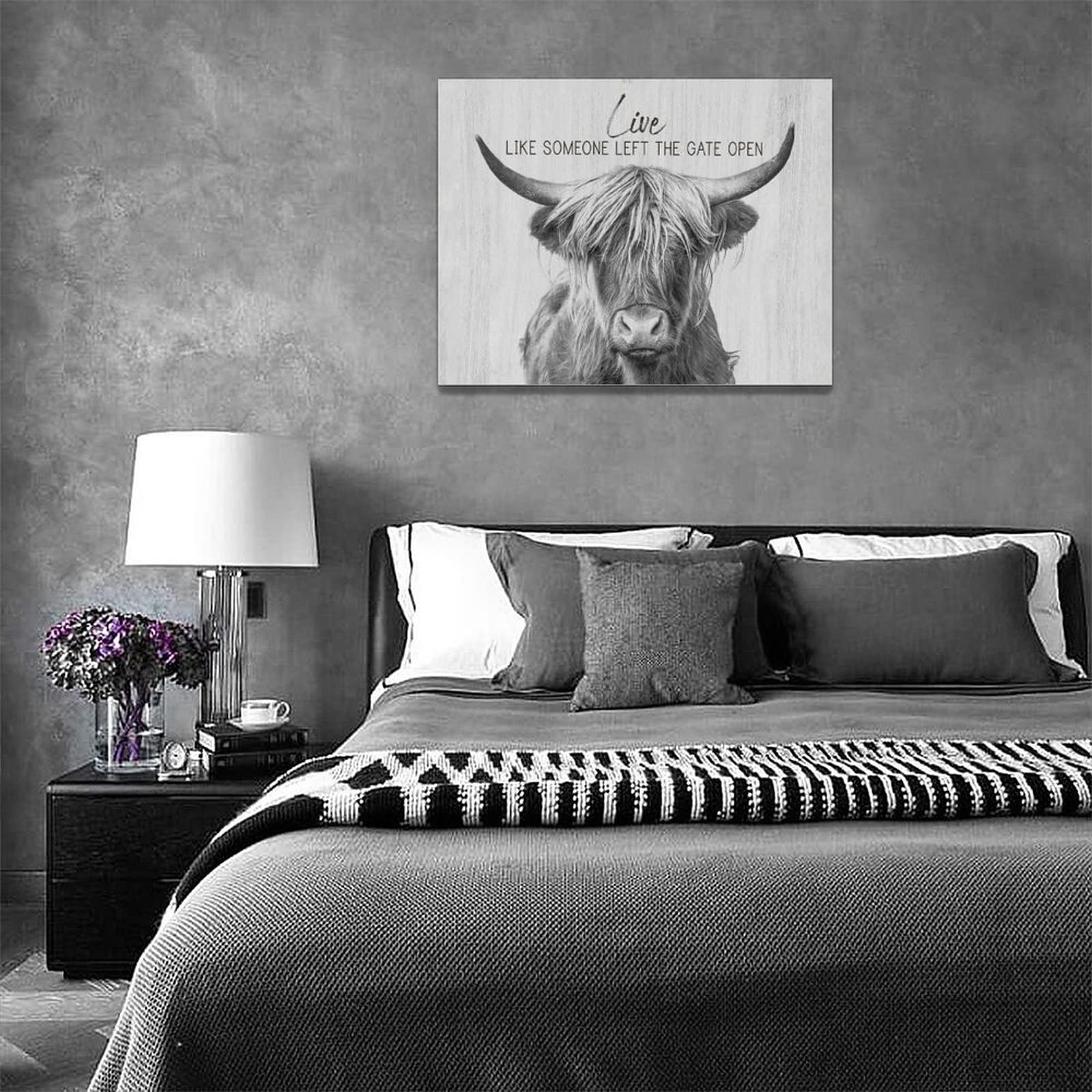 Taimeng Farmhouse Highland Cow Wall Art Black And White Cow Bathroom Pictures Decor Rustic Cattle Canvas Painting Country Cow De