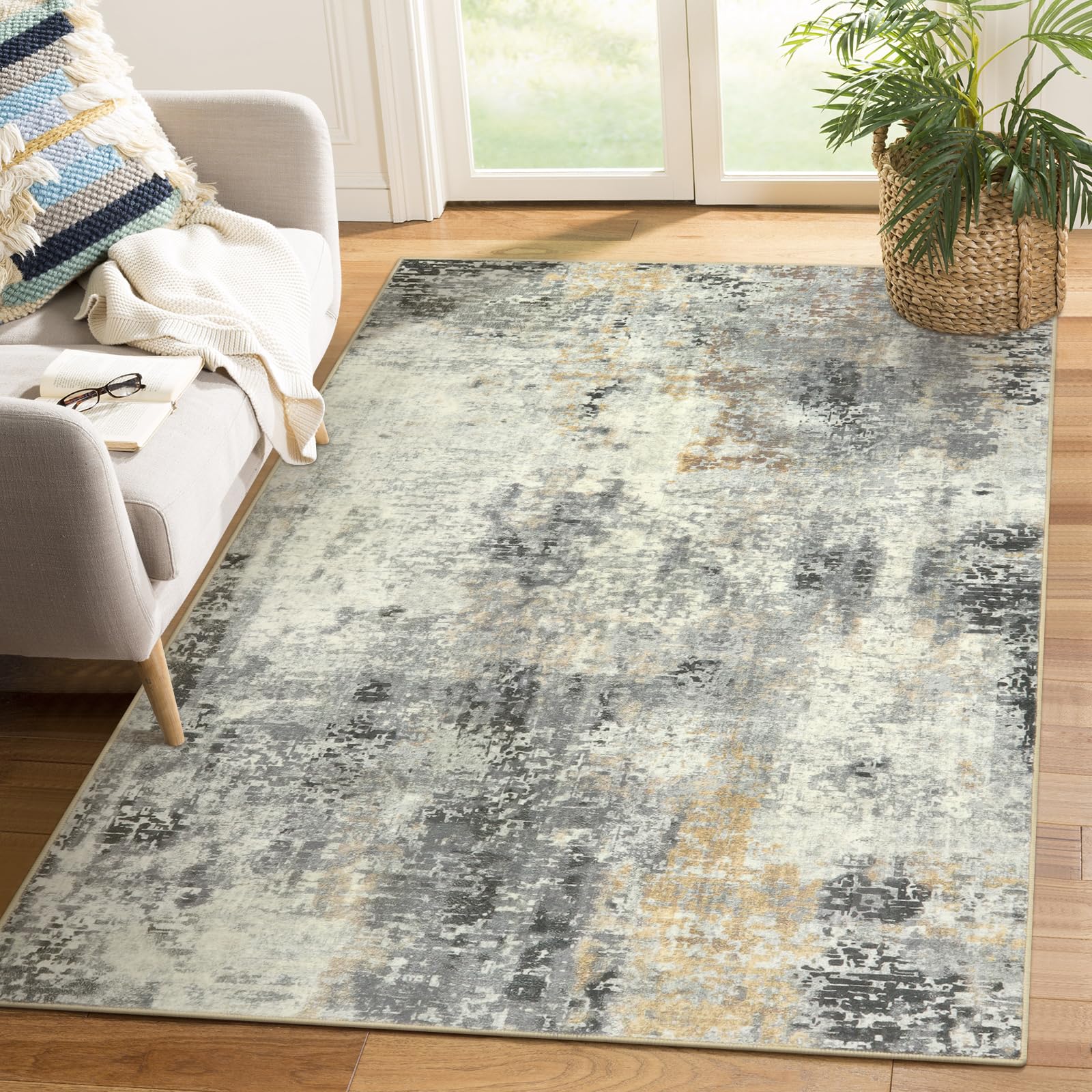 Lahome Modern Abstract Area Rug - 4x6 Grey Rugs for Bedroom Washable Dining Room Rug Living Room Mat, Non Slip Contemporary Indo