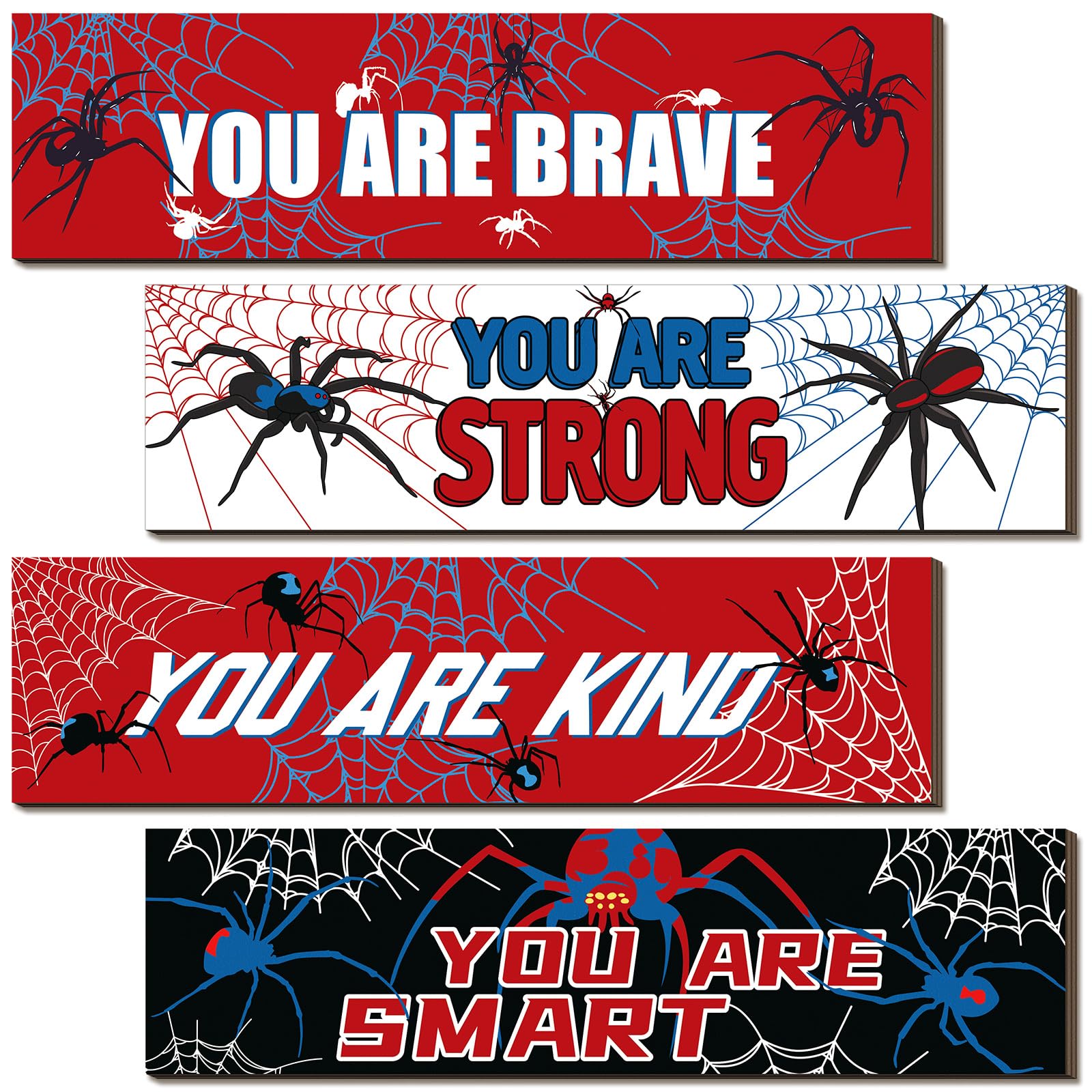 Geetery 4 Pcs Bedroom Decor for Boy Kids Spider Theme Room Sign Decor Game Room Decor Inspirational Wooden Hanging Wall Sign for