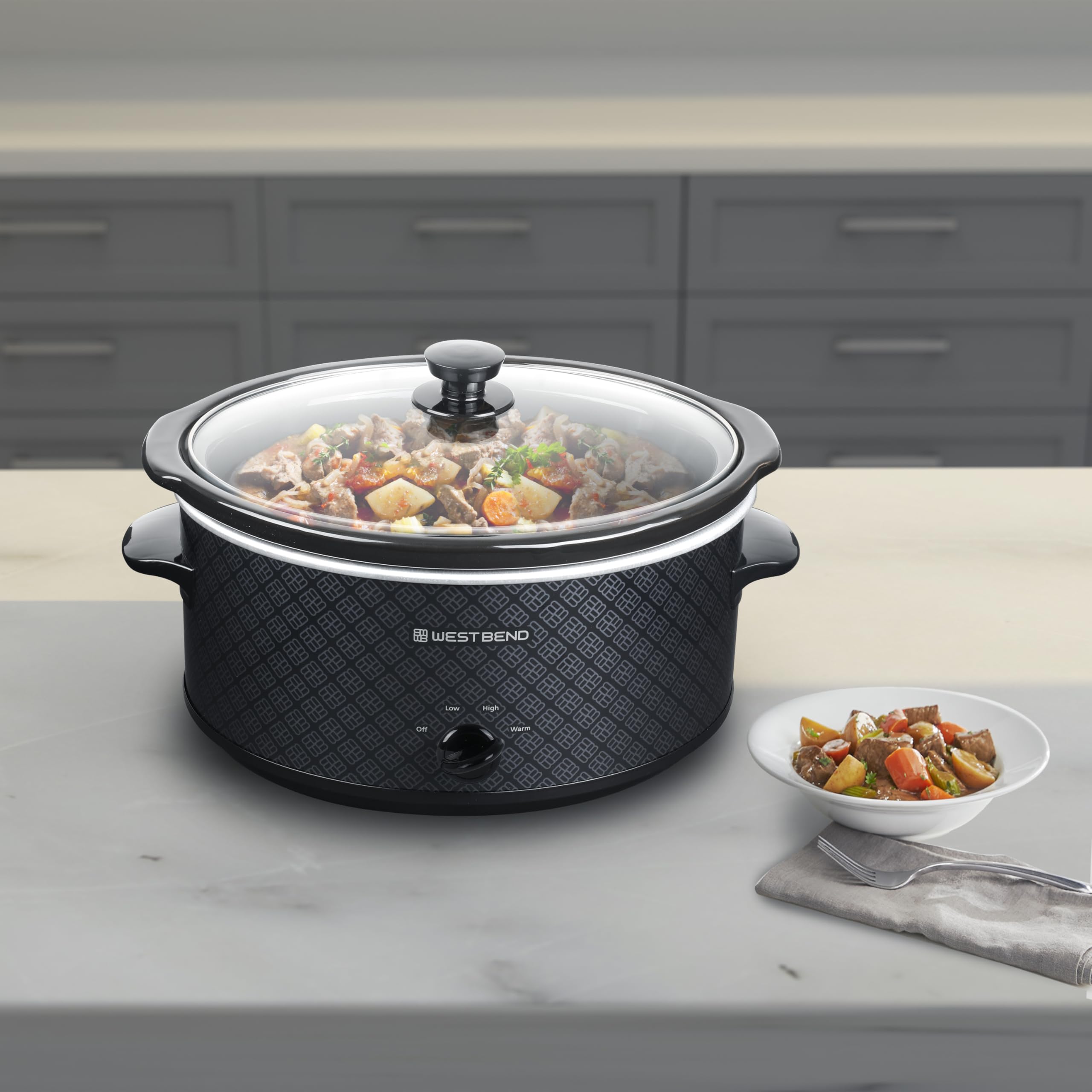 West Bend 6-Quart Slow Cooker, Manual Crockpot, Ceramic, Black, Model SCWB6QPTBK13, Dishwasher Safe, Two Temperature Settings