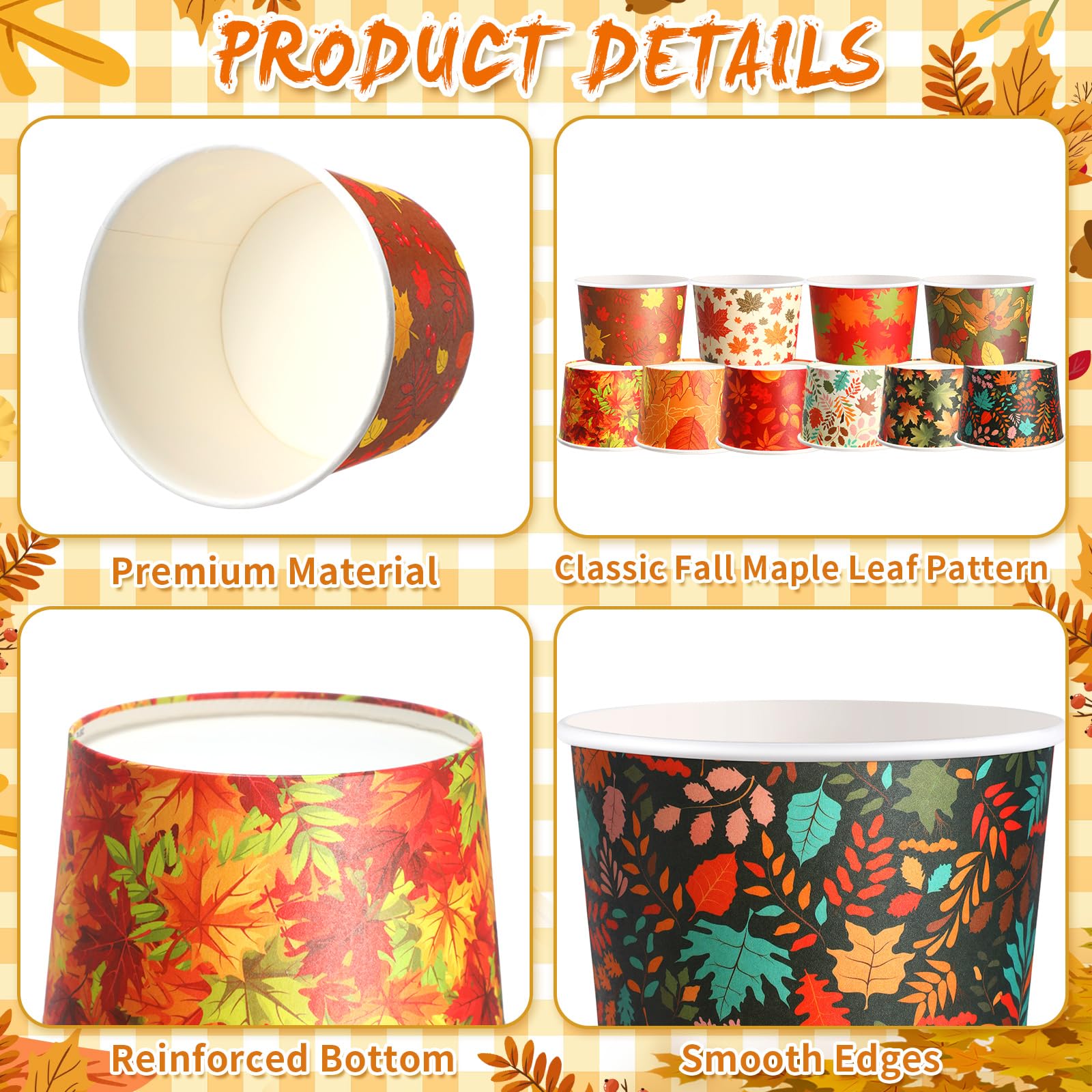 Yungyan 50 Pcs Fall Snack Cups 9 oz Disposable Ice Cream Bowls Pumpkin Maple Leaves Paper Dessert Cups for Thanksgiving Harvest