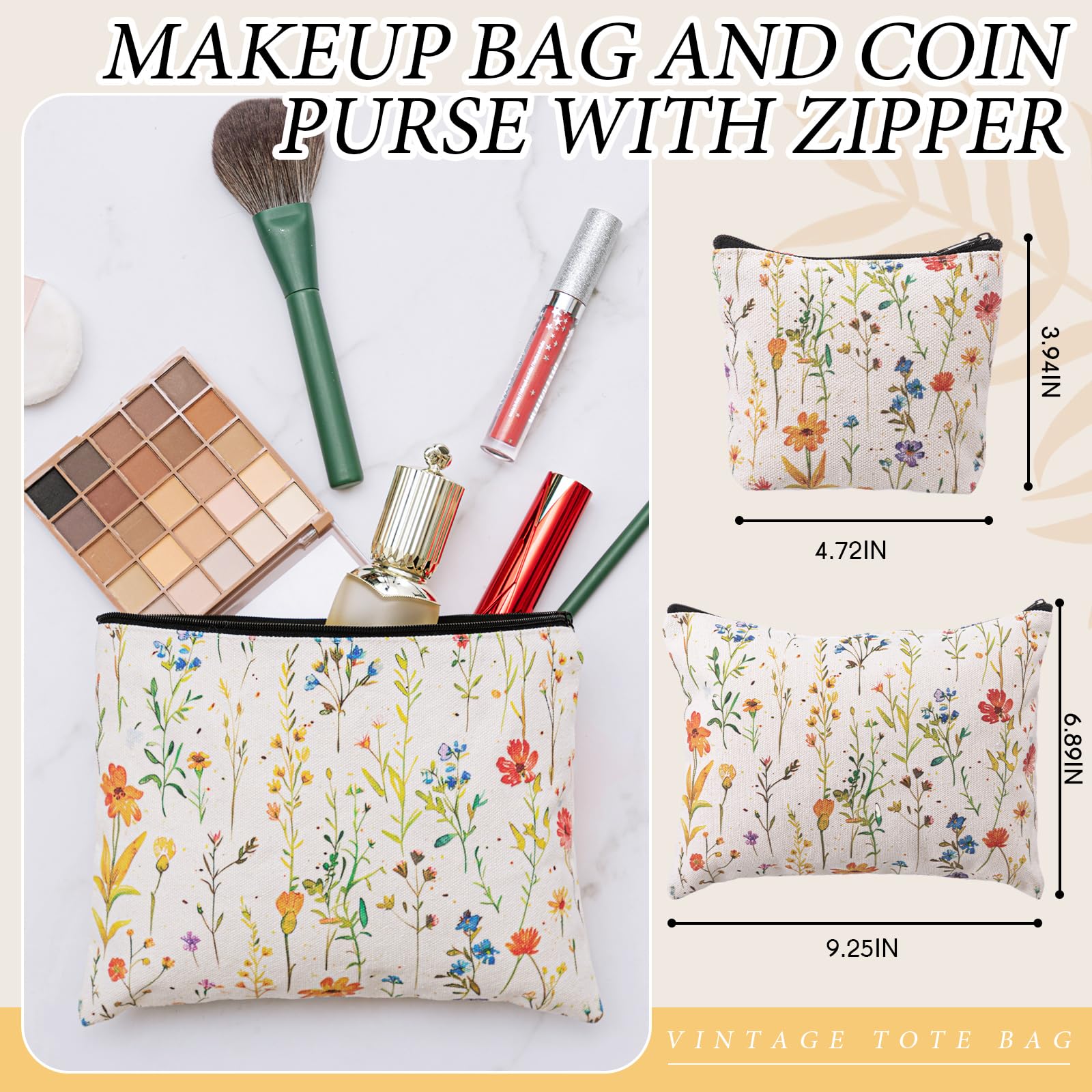 Shinylin 3 Pcs Wildflower Aesthetic Canvas Tote Bag Makeup Coin Purse Set with Zipper Reusable Grocery Shopping Flowers Cute Cos