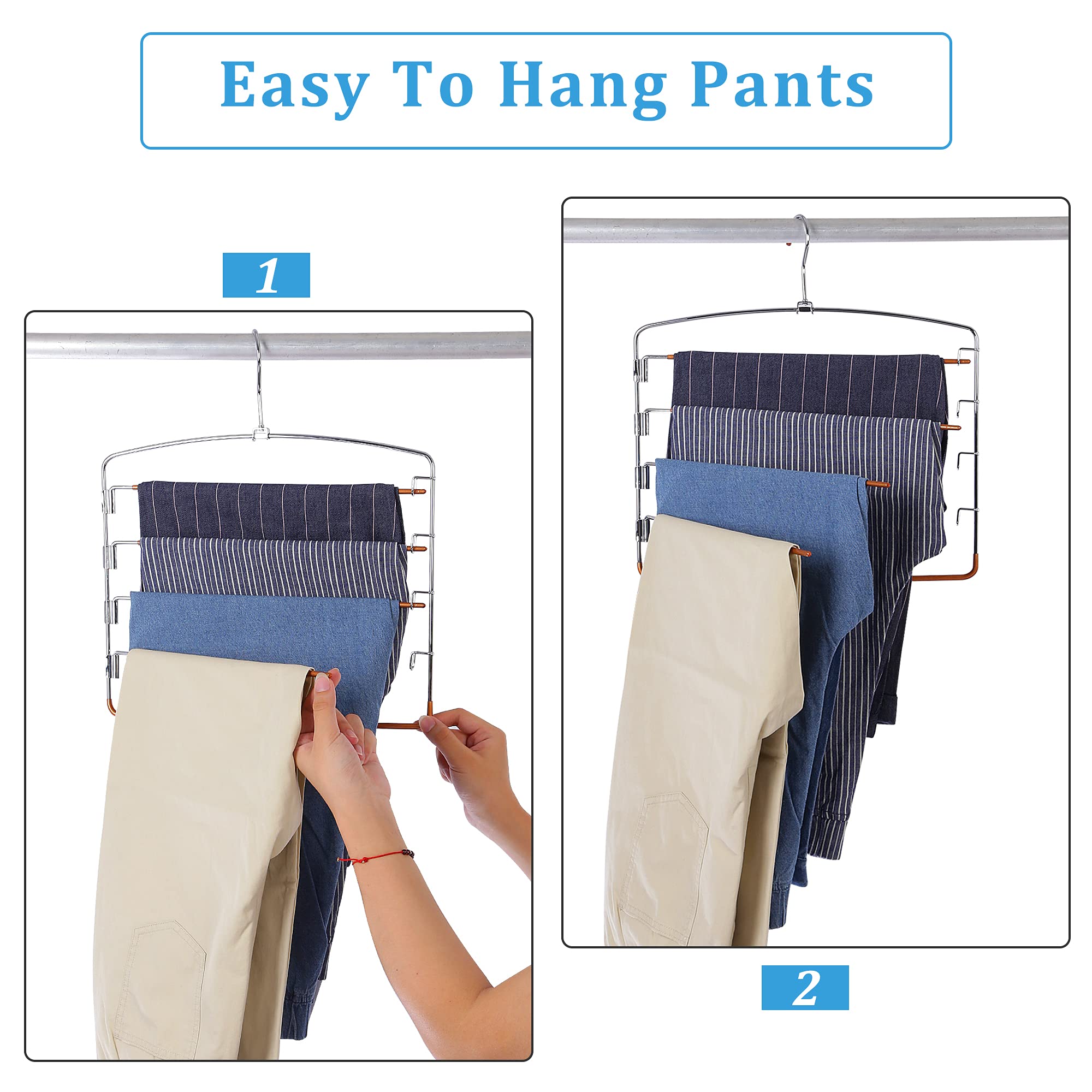 Pants Hangers Non Slip 3 Pack Space Saving Hangers Multi-Layer Swing Arm Pants Hanger Stainless Steel Space Saver Hangers for Pants Jeans Scarf Trouser Tie Towel Clothes (Gold)