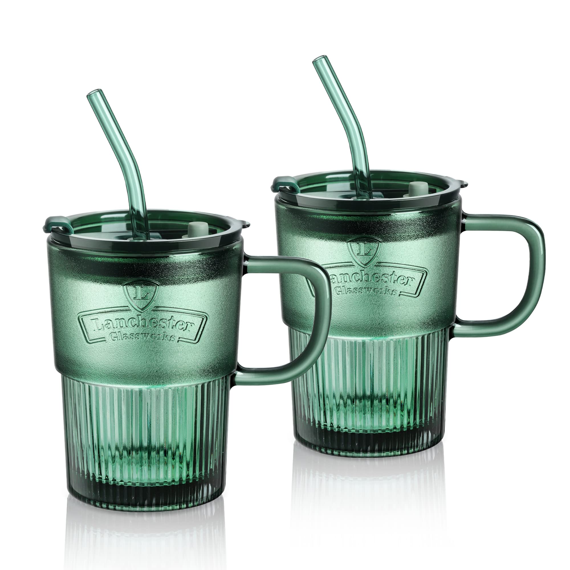 Joeyan Glass Coffee Cup Tumbler with Handle Lid and Straw, Smoothie Iced Coffee Tea Glasses Mug, Green Colored Drinking Jar for 