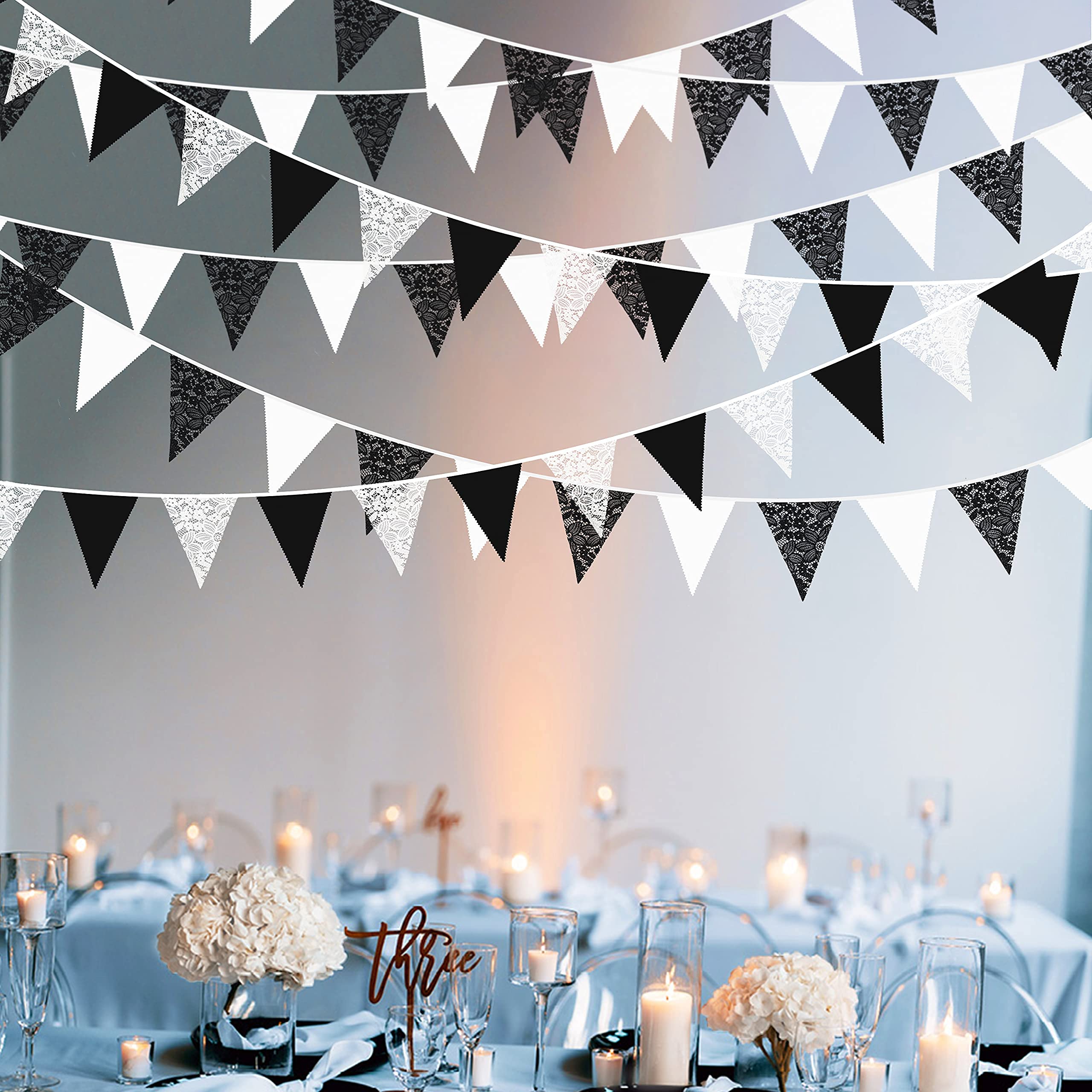 10M/32Ft Black White Pennant Banner Fabric Lace Triangle Flag Cotton Bunting Garland For Wedding Birthday Anniversary Party Home