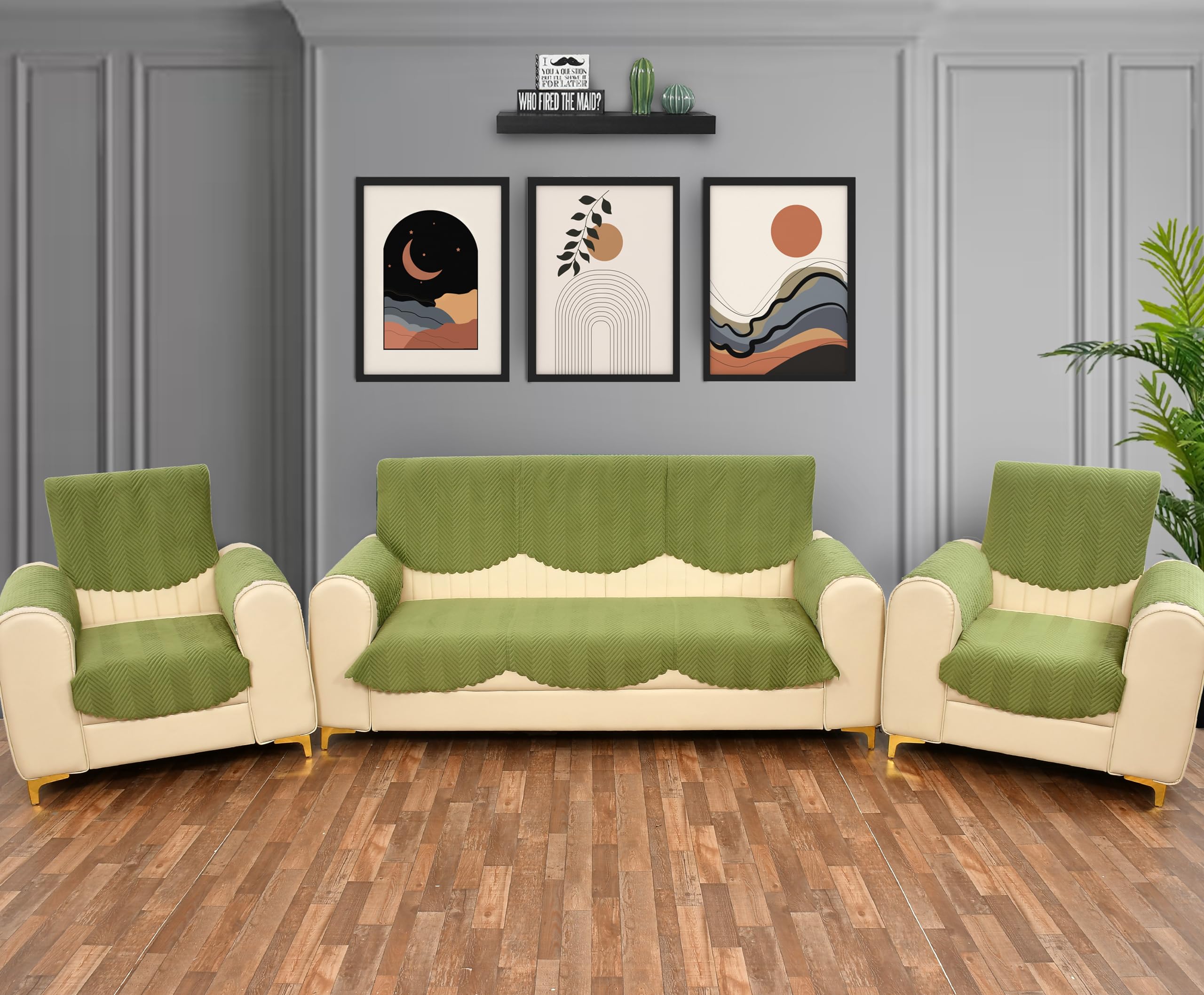 Yellow Weaves Velvet 5 Seater Quilted Sofa Cover And Chair Cover With Arm Cover, Seat & Back Cover, Color - Pea Green
