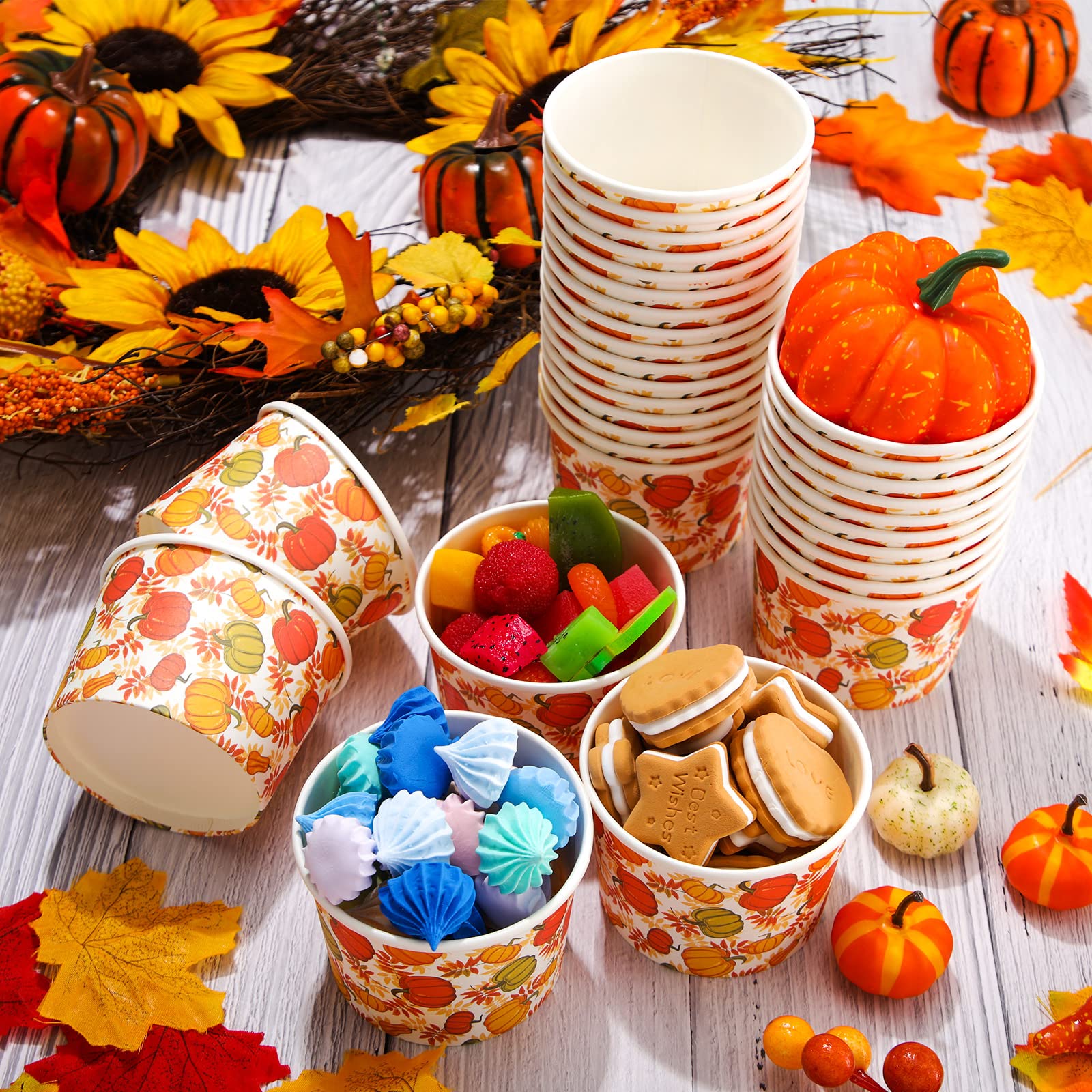 Potchen 50 Pack 9 oz Fall Soup Bowls Disposable Paper Cups Fall Themed Disposable Dessert Bowls Pumpkin Paper Snack Cups for Hot