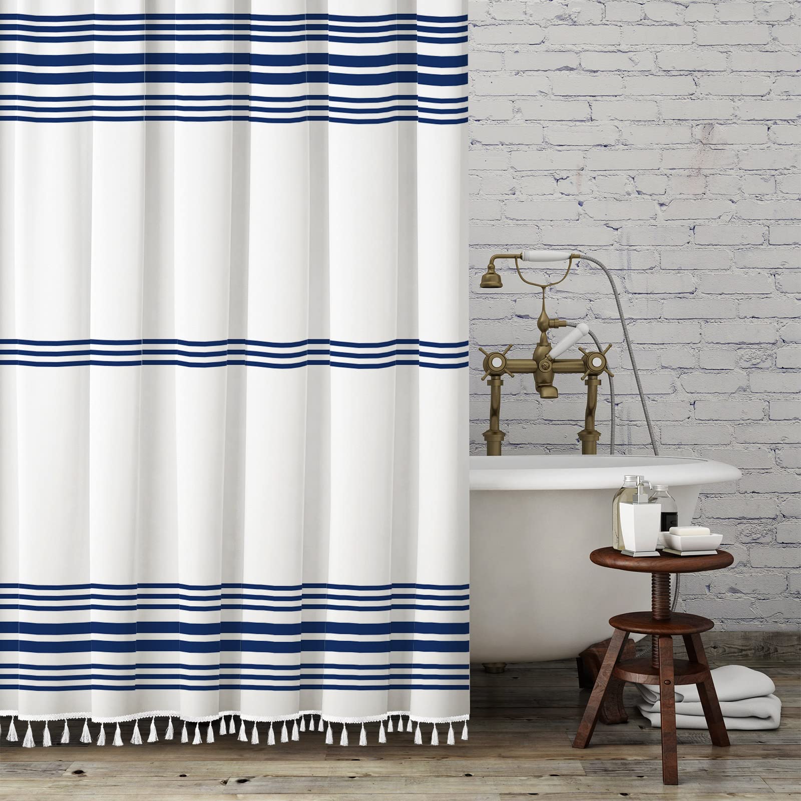 Shower Curtain With Tassel For Bathroom Decor,Navy Blue Striped Shower Curtain,Chic Polyester Bath Curtain Set With Hooks, 72 X 
