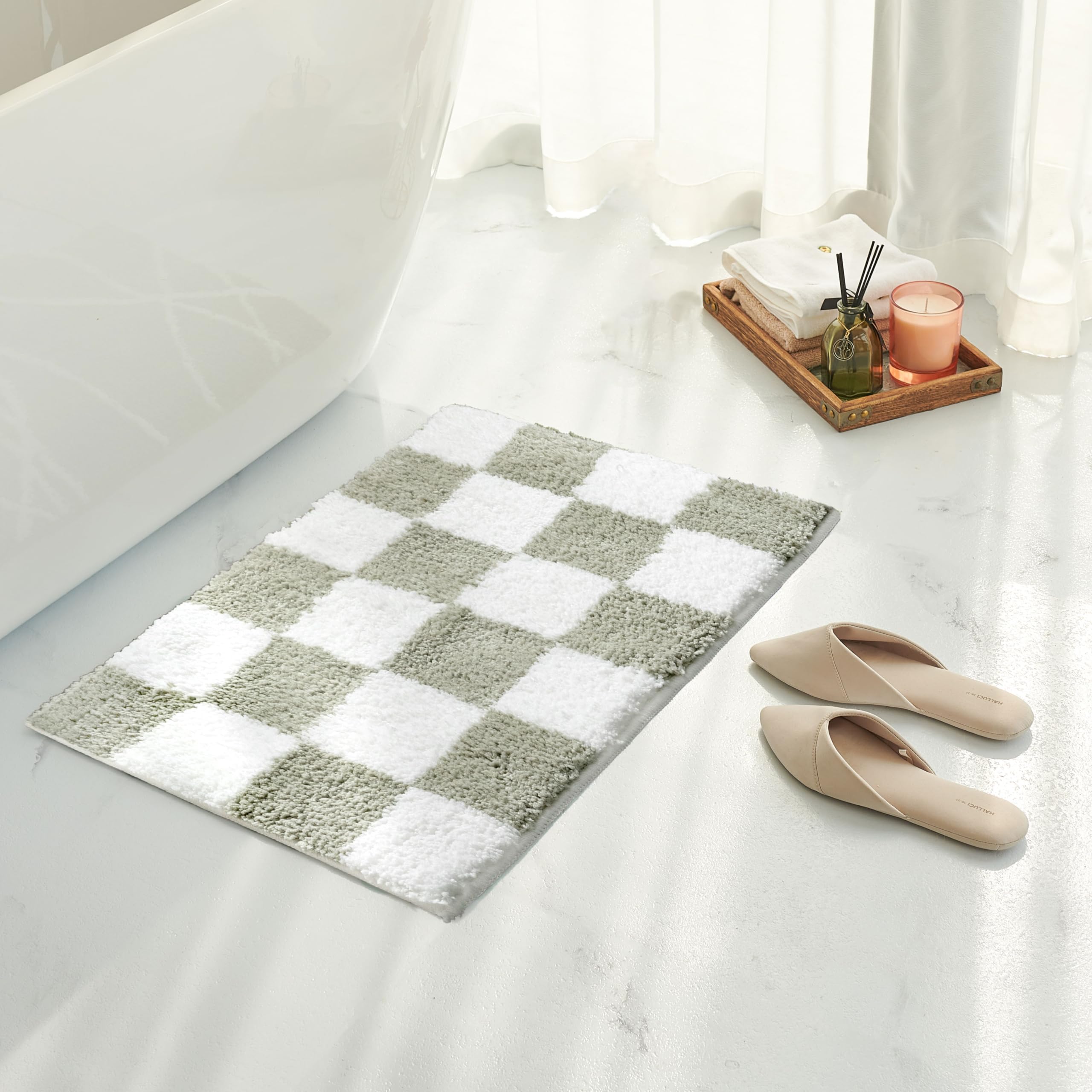 Tititex Luxury Sage Green White Checkered Grid Bathroom Rug, 16''X24'' Classic Checkerboard Extra Soft And Absorbent Microfiber