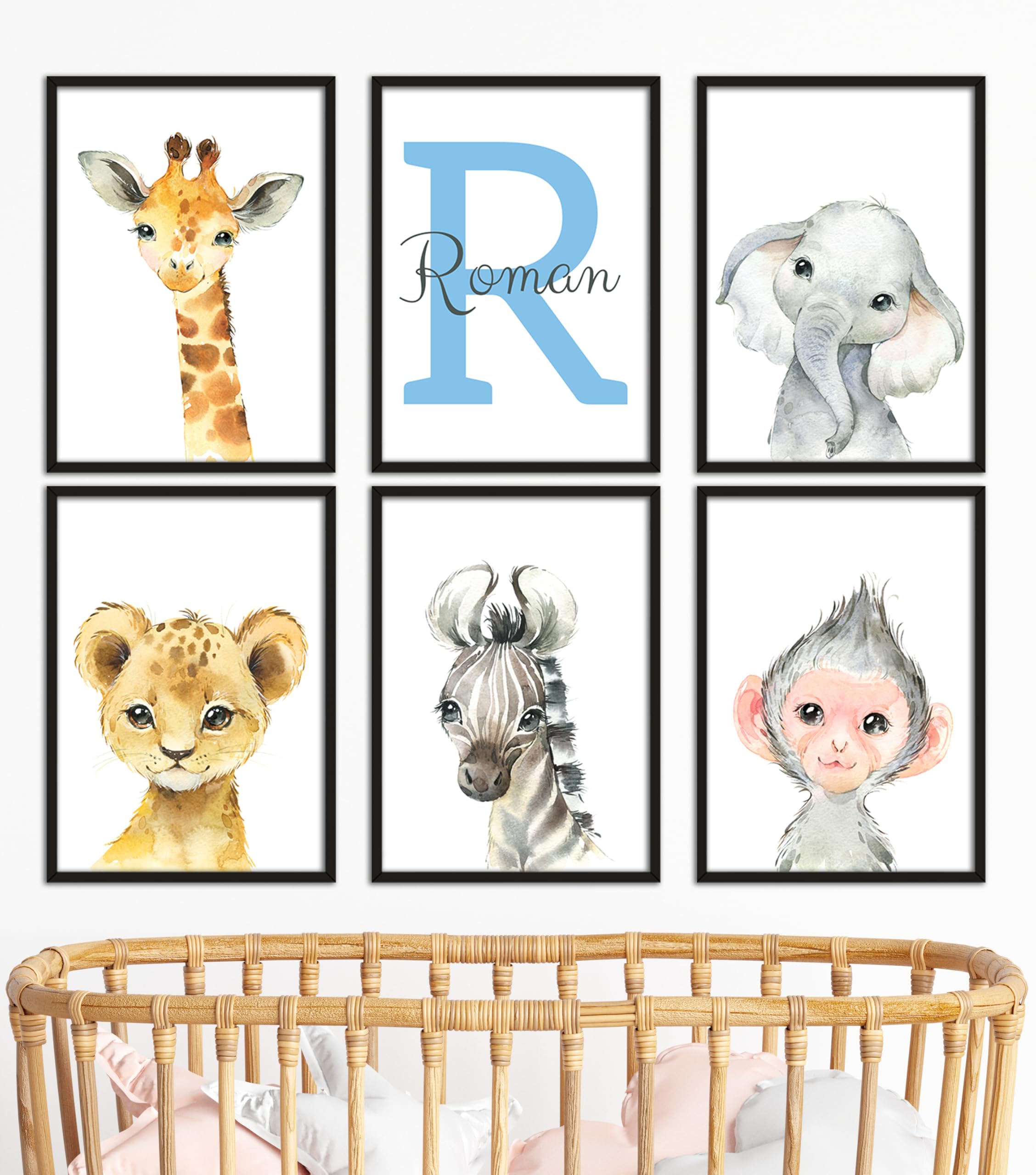 Personalized Safari Animals for Boy Girl Nursery  Set of 6 Unframed Bedroom Poster Prints  Personalized Name Blue Green Yellow  Giraffe Elephant Lion Panda (11x14)