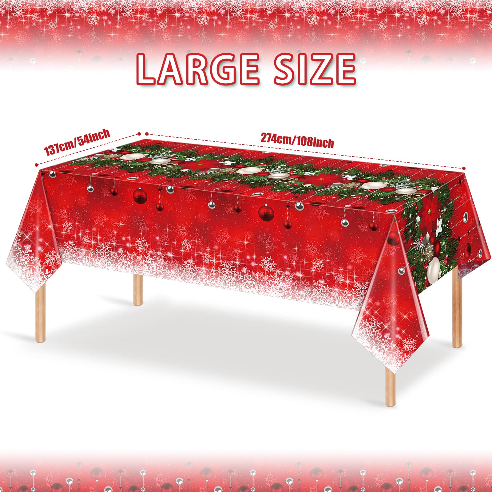 Jectivs 1Pieces Merry Christmas Tablecloth Plastic Christmas Tree Ball Table Cover Rectangle Winter Snowflake Tablecloth for Mer