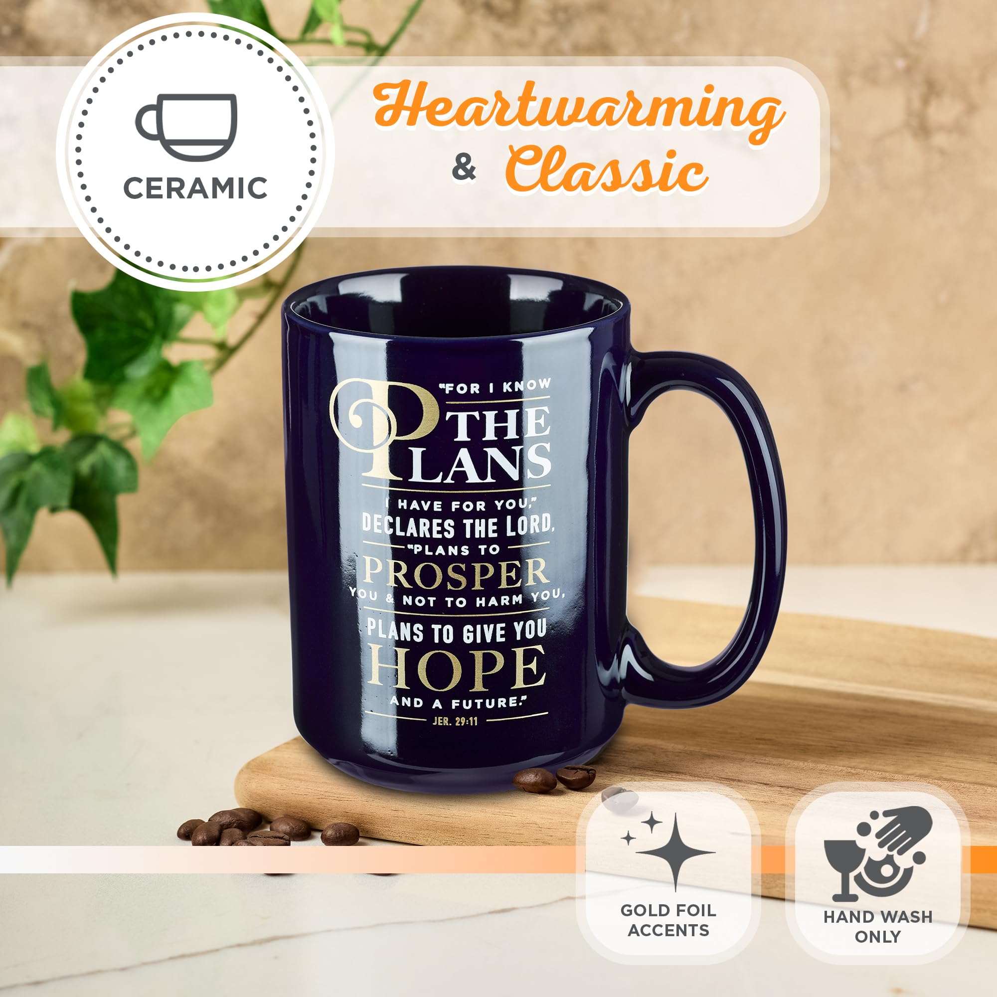 Christian Art Gifts Large Ceramic Coffee & Tea Mug for Men  Women & Graduates: I Know the Plans: Jeremiah 29:11 Inspirational Bible Verse  Sturdy Dishwasher & Microwave Safe Cup  Navy Blue  14 oz.
