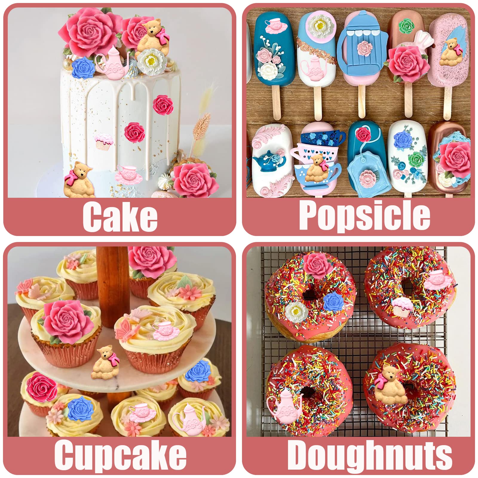 Tea Party Cake Silicone Mold 3 Pcs, Teapot Tea Cup Fondant Molds Rose Flower Chocolate Molds For Cupcake Topper, Cake Decoration