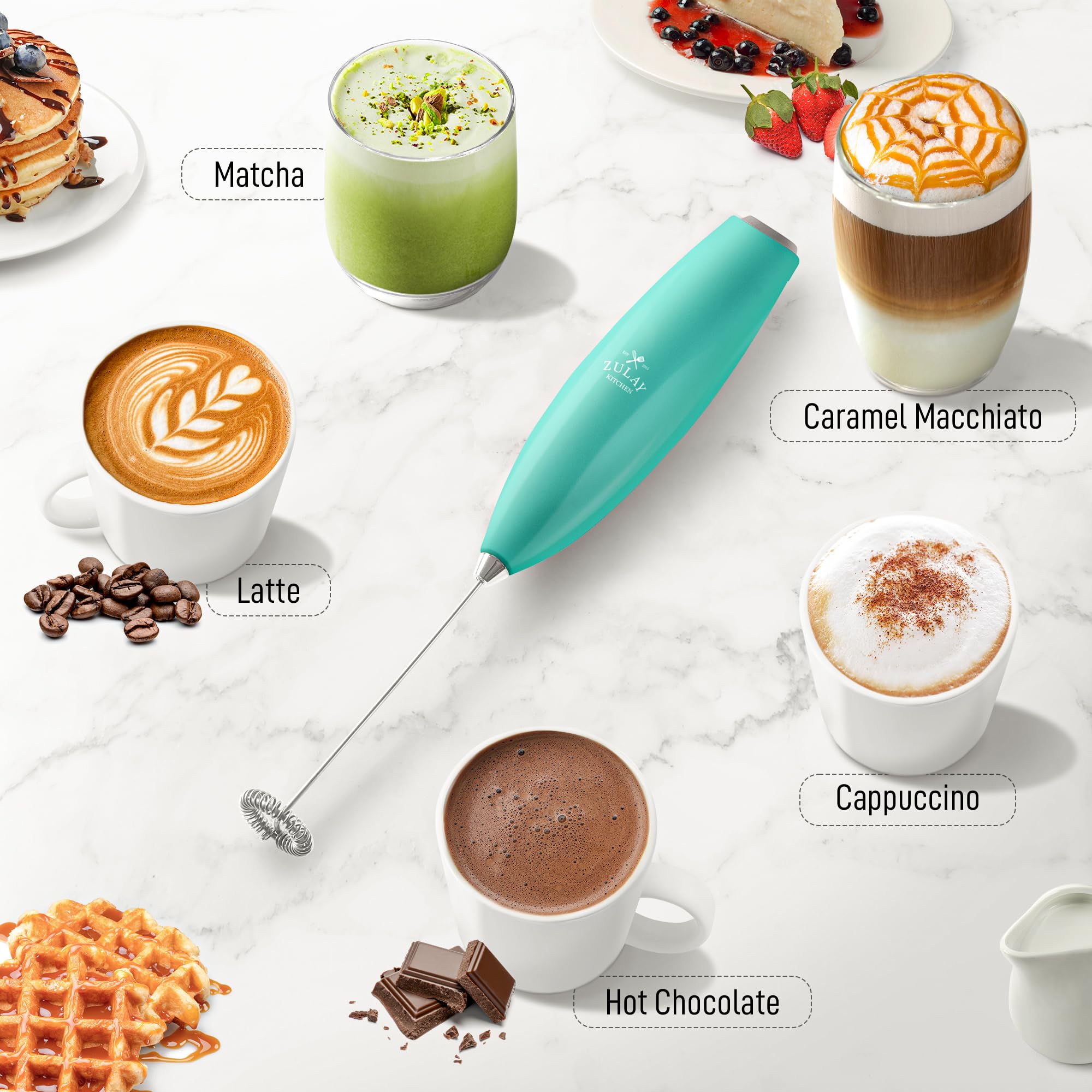 Zulay Kitchen Handheld Milk Frother with Duracell AA Batteries - Ultra Fast Electric Mixer & Foam Maker, Easy-Clean Drink Mixer