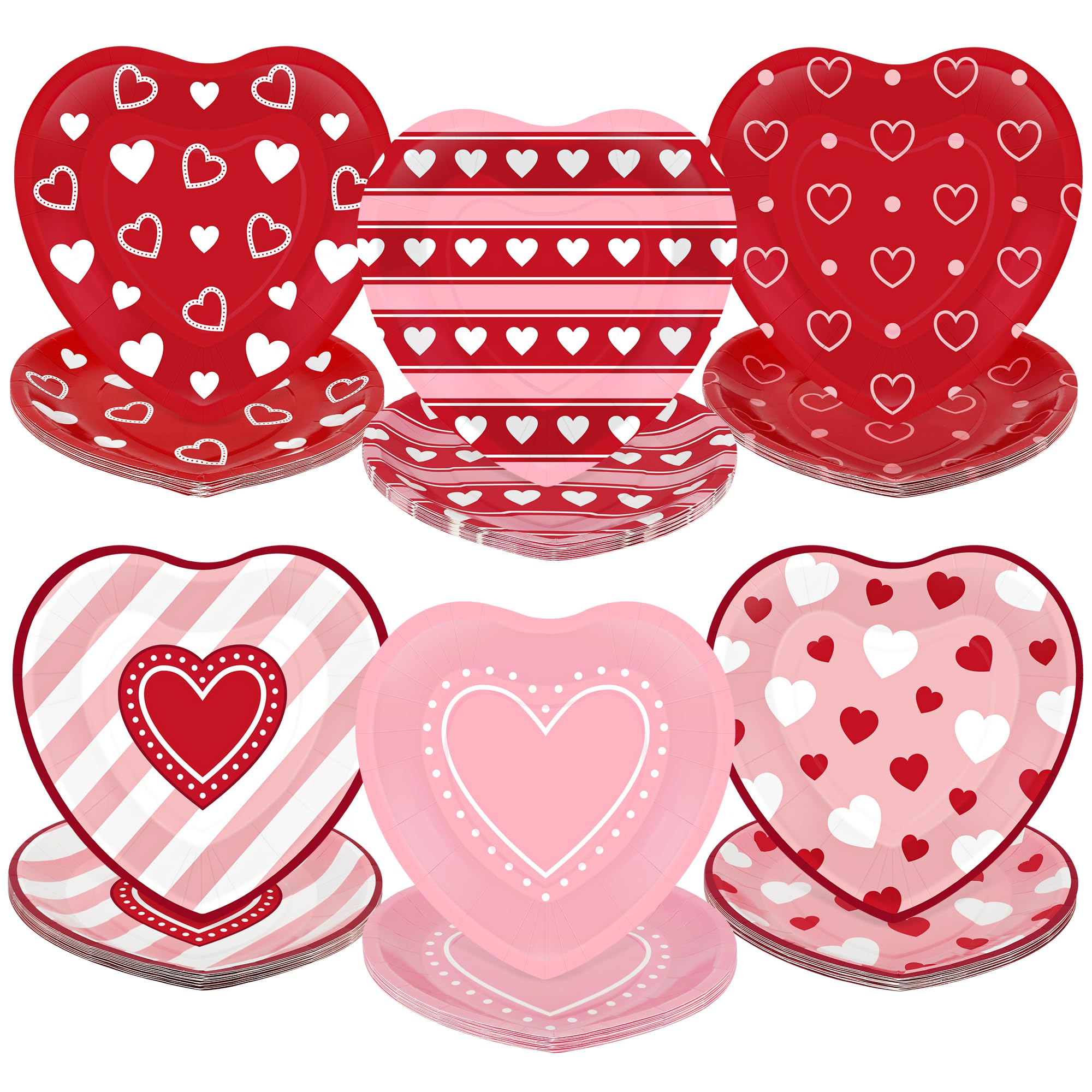 Qzyl 48 Pcs Valentines Plates, 9 In Disposable Heart Shaped Plates, Red Pink Heart Design Heart Plates Valentines Paper Plates,